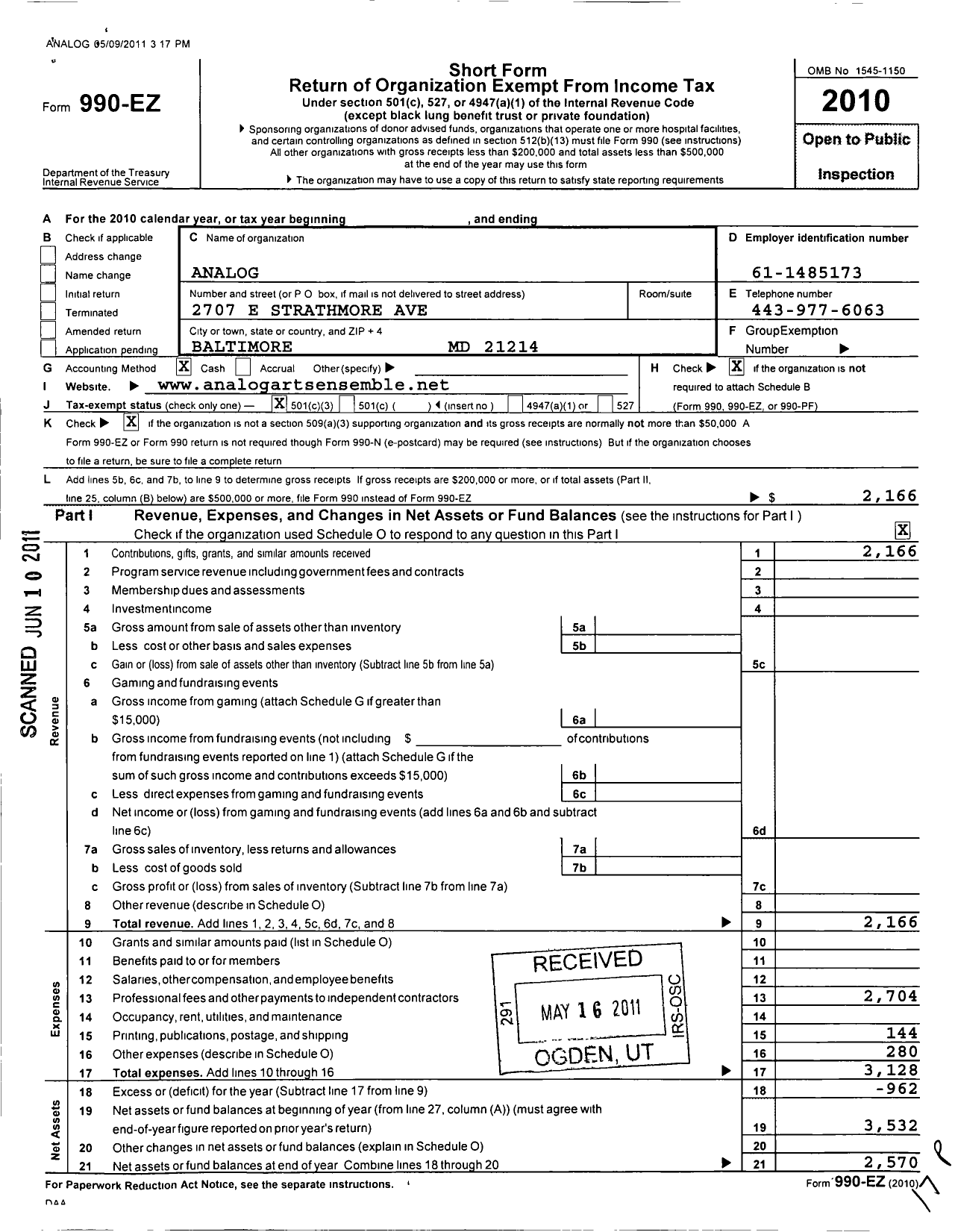 Image of first page of 2010 Form 990EZ for Analog