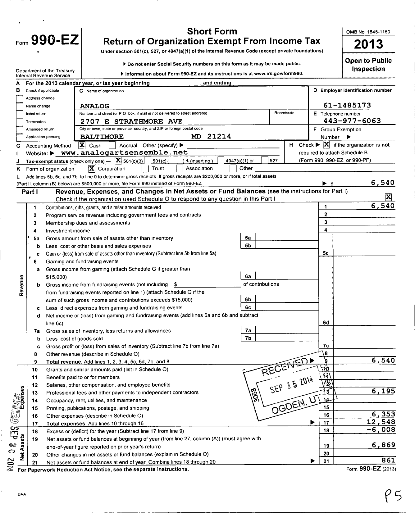 Image of first page of 2013 Form 990EZ for Analog