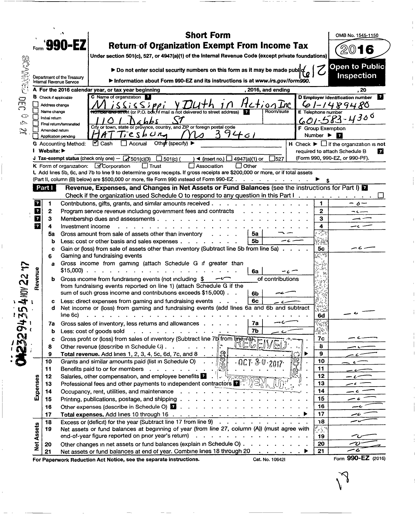 Image of first page of 2016 Form 990EZ for Mississippi Youth in Action