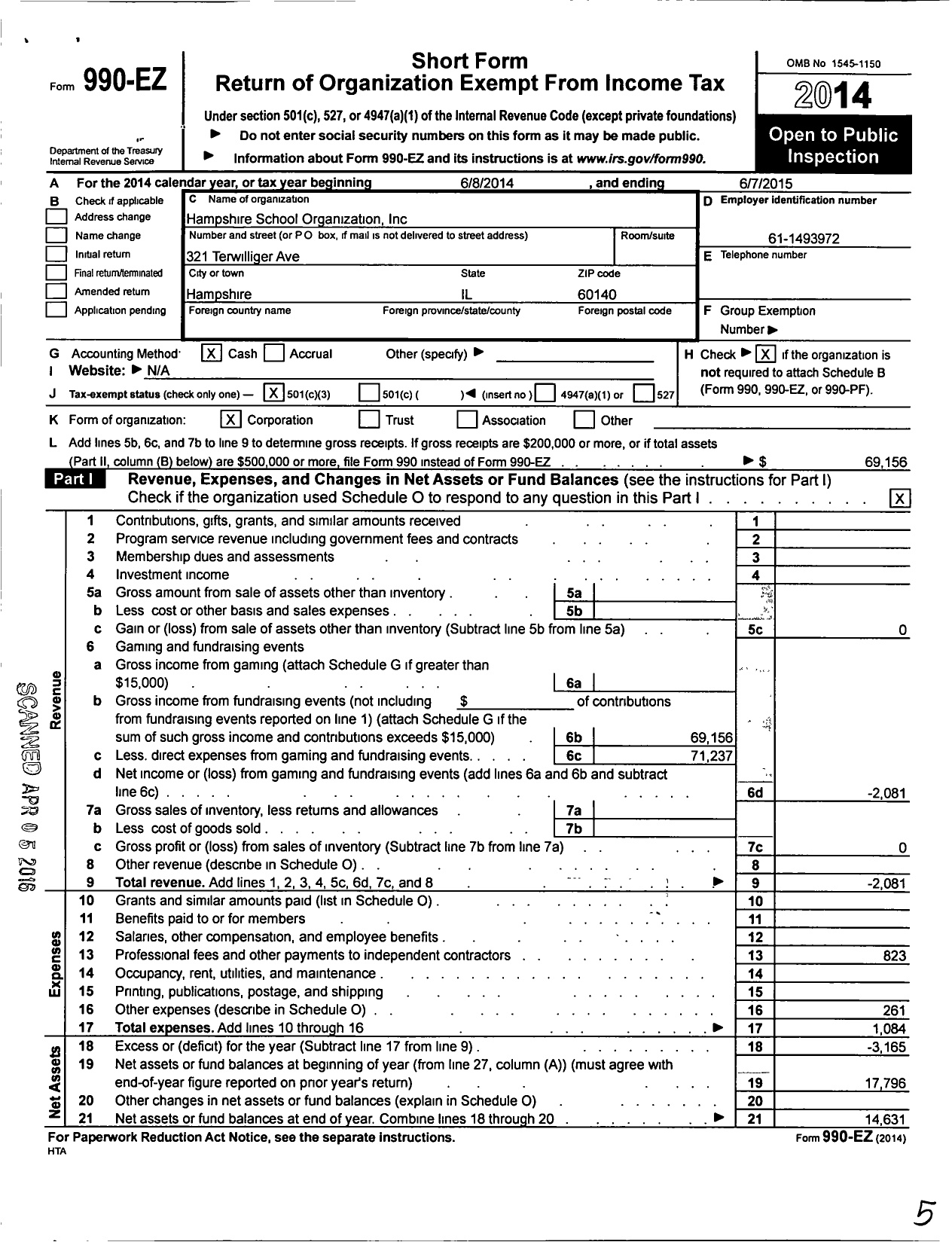 Image of first page of 2014 Form 990EZ for Hampshire School Organization