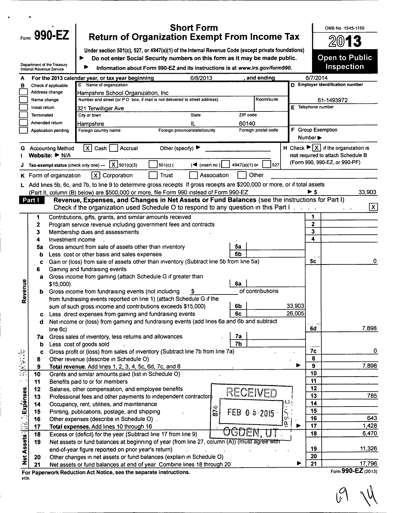 Image of first page of 2013 Form 990EZ for Hampshire School Organization