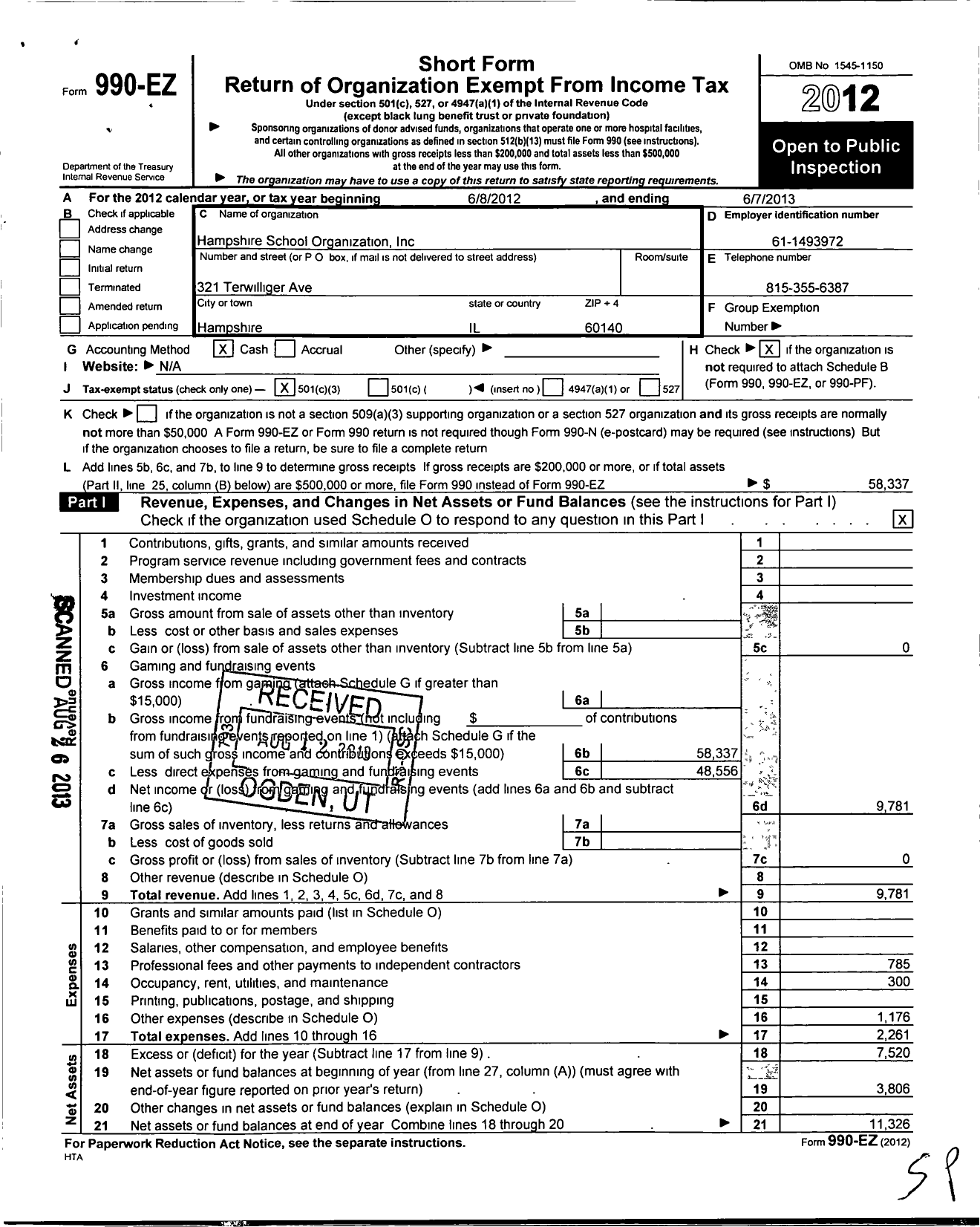 Image of first page of 2012 Form 990EZ for Hampshire School Organization