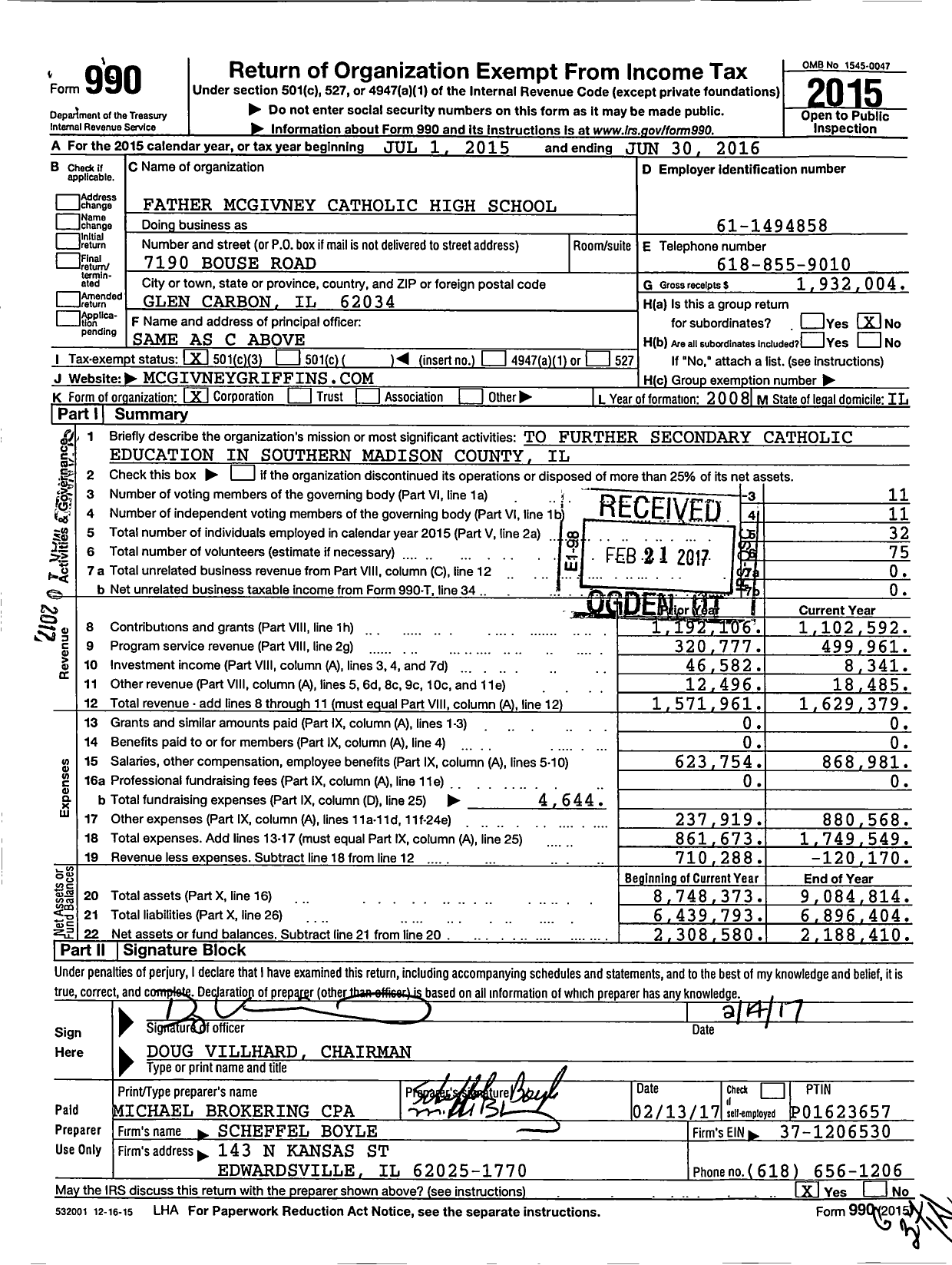Image of first page of 2015 Form 990 for Father Mcgivney Catholic High School