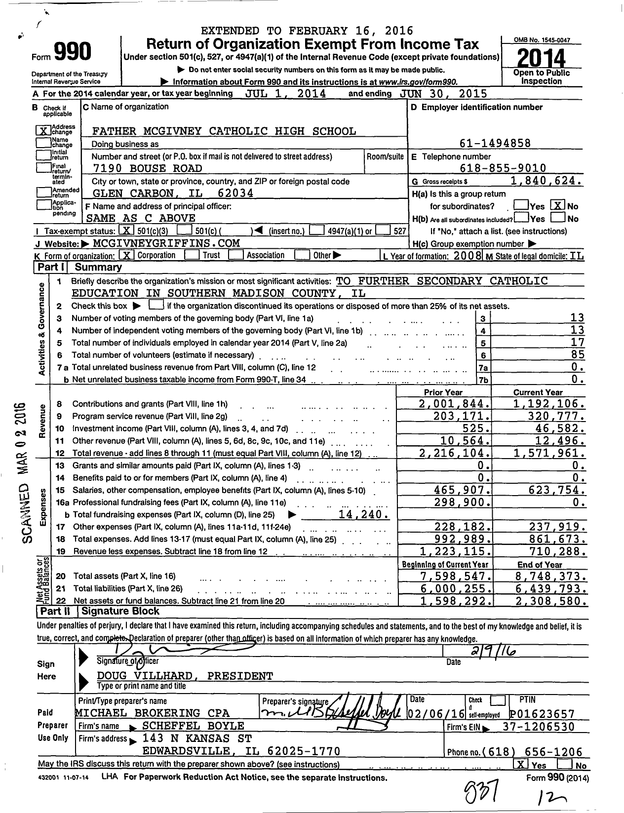 Image of first page of 2014 Form 990 for Father Mcgivney Catholic High School