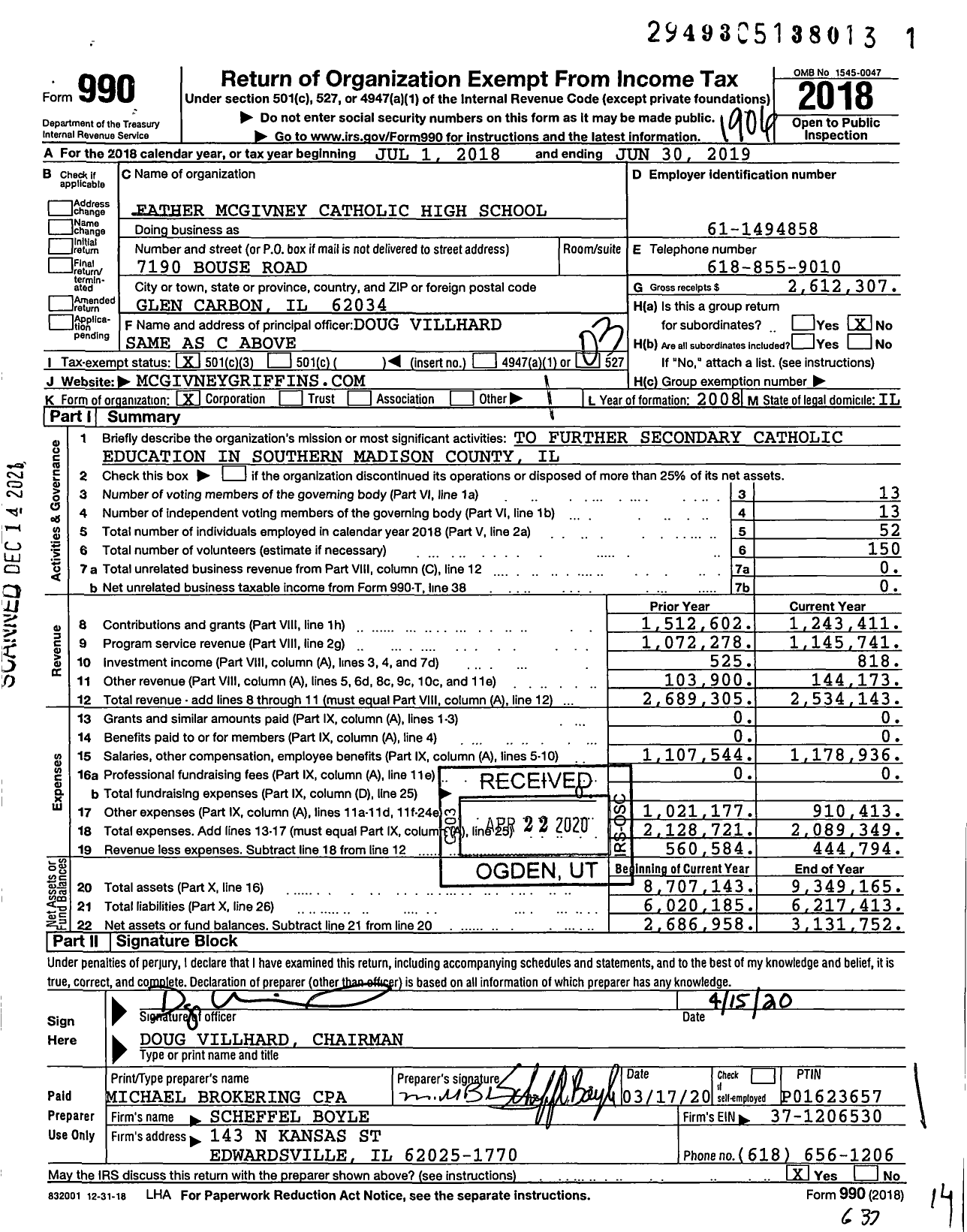 Image of first page of 2018 Form 990 for Father Mcgivney Catholic High School
