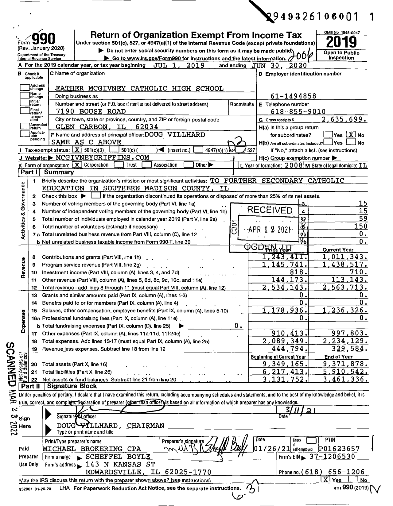 Image of first page of 2019 Form 990 for Father Mcgivney Catholic High School