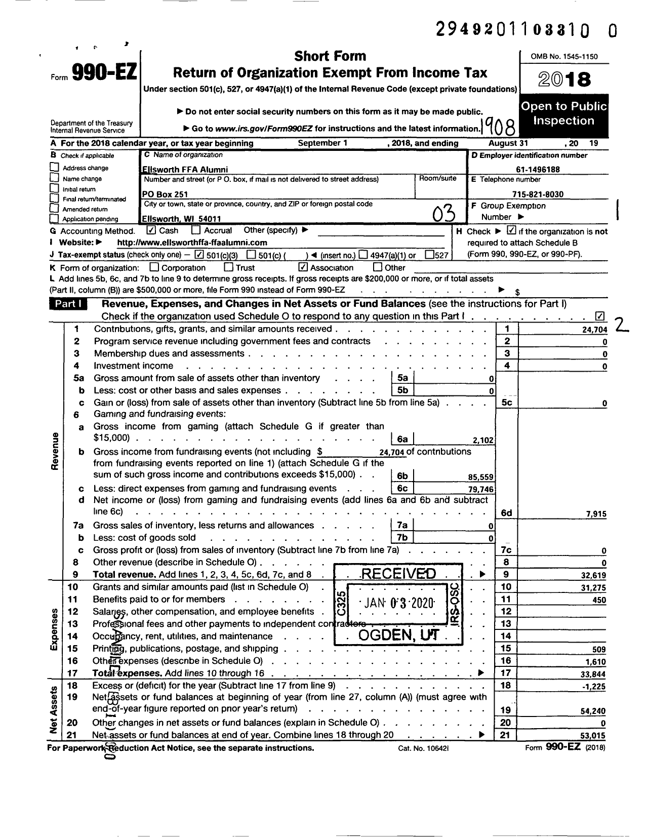 Image of first page of 2018 Form 990EZ for Ellsworth Ffa Alumni