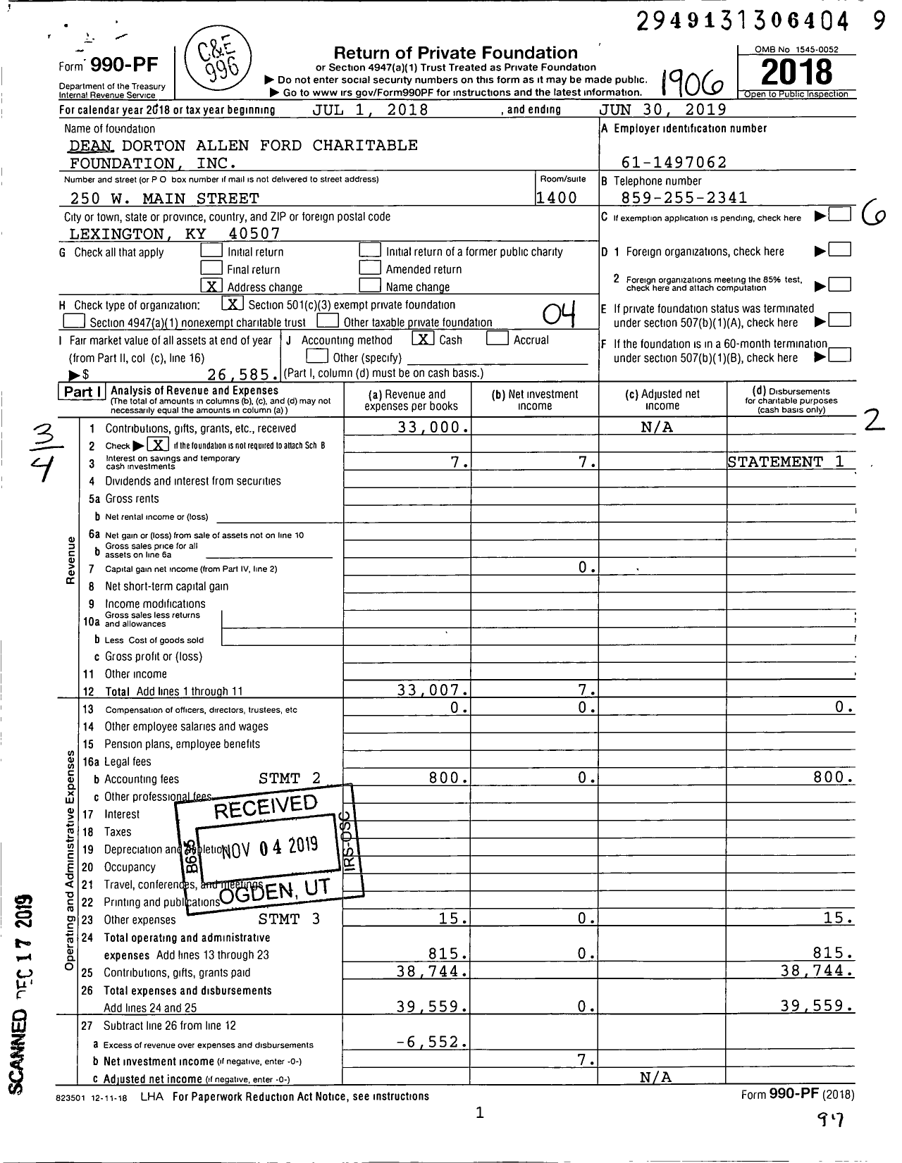 Image of first page of 2018 Form 990PF for Dean Dorton Allen Ford Charitable Foundation