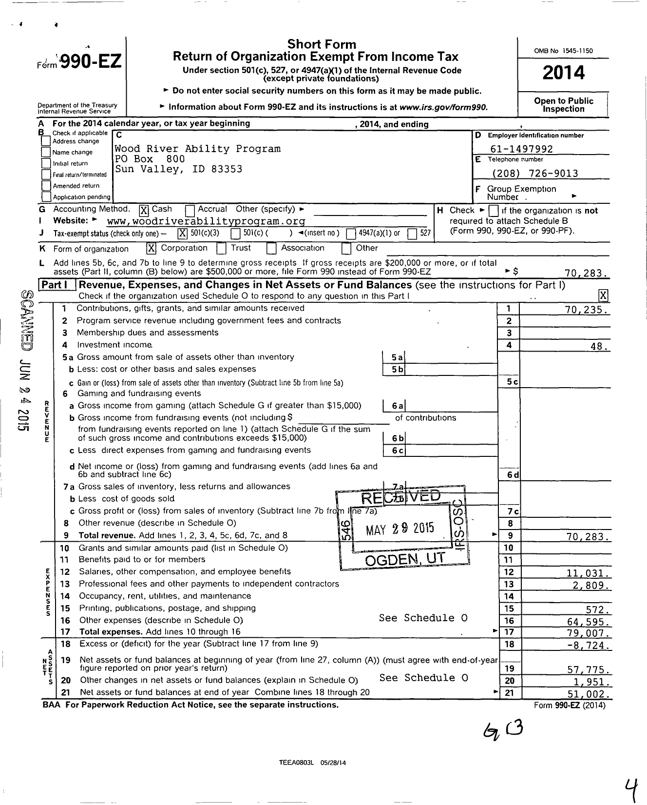 Image of first page of 2014 Form 990EZ for Wood River Ability Program