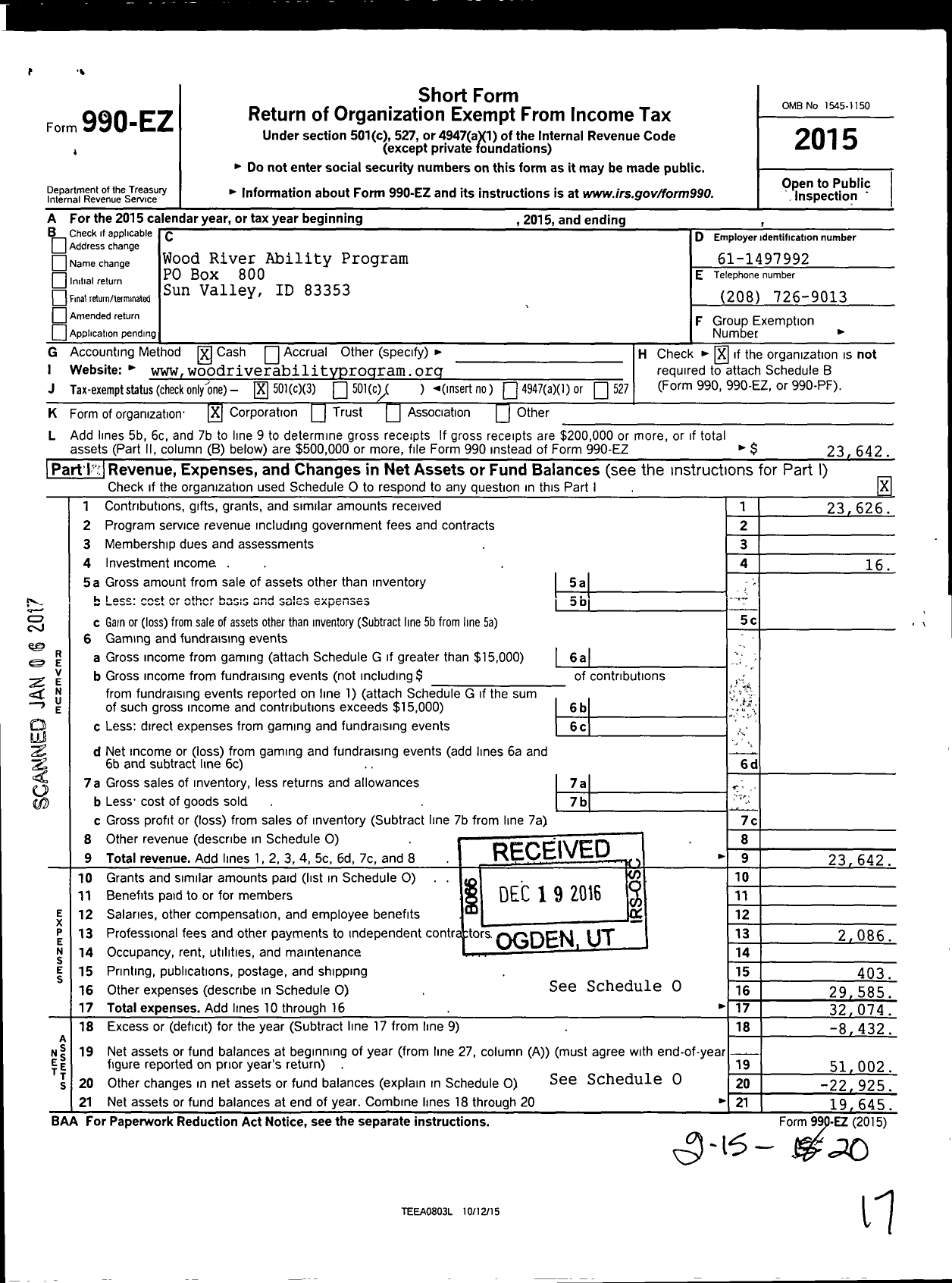 Image of first page of 2015 Form 990EZ for Wood River Ability Program