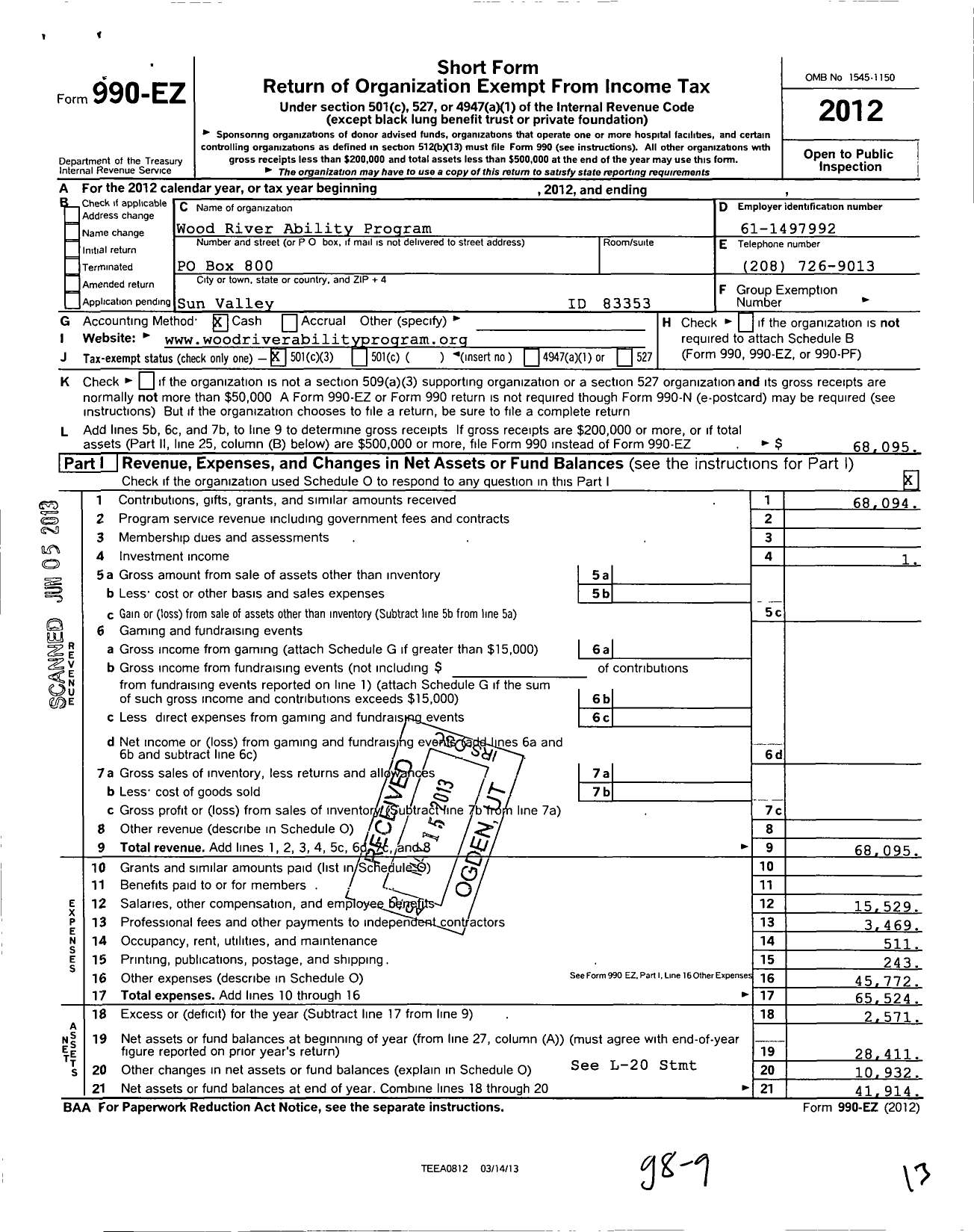 Image of first page of 2012 Form 990EZ for Wood River Ability Program