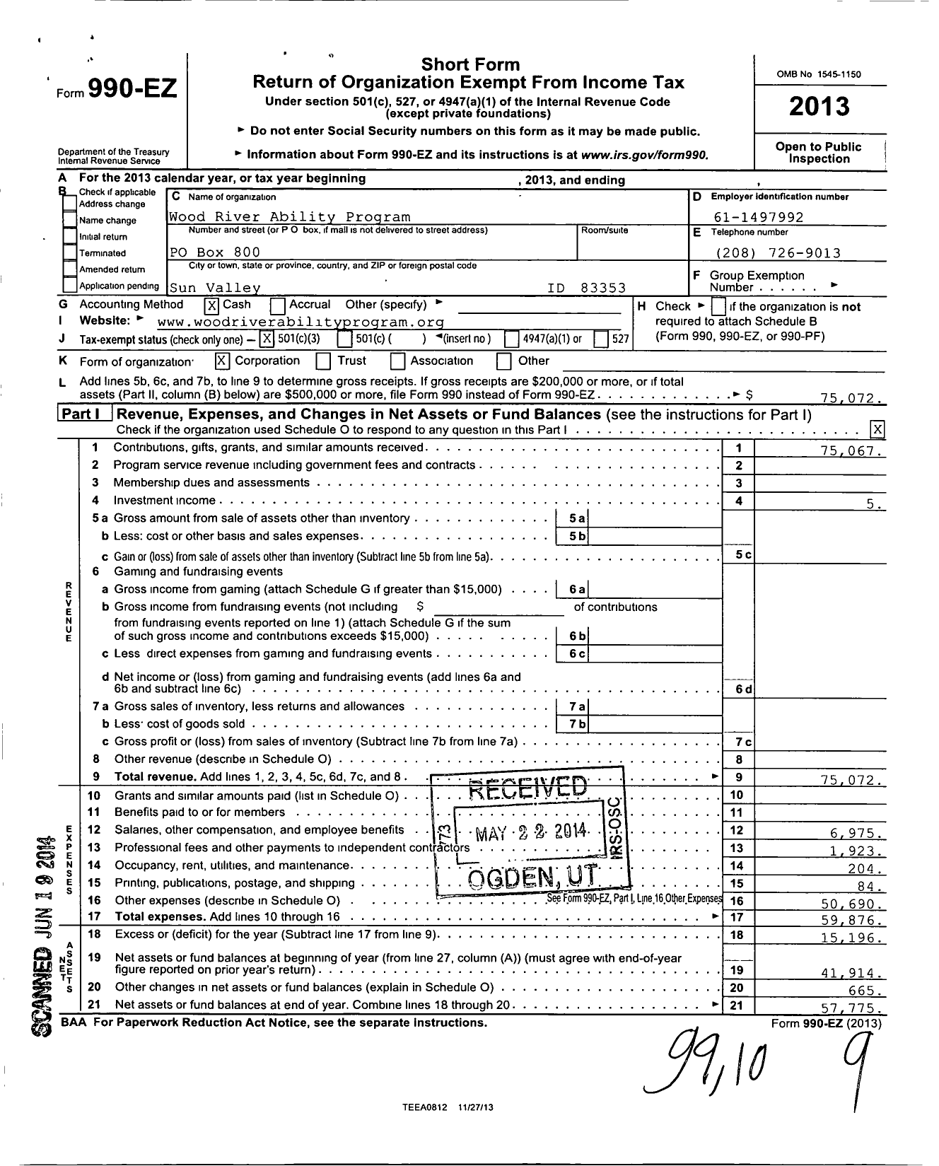 Image of first page of 2013 Form 990EZ for Wood River Ability Program