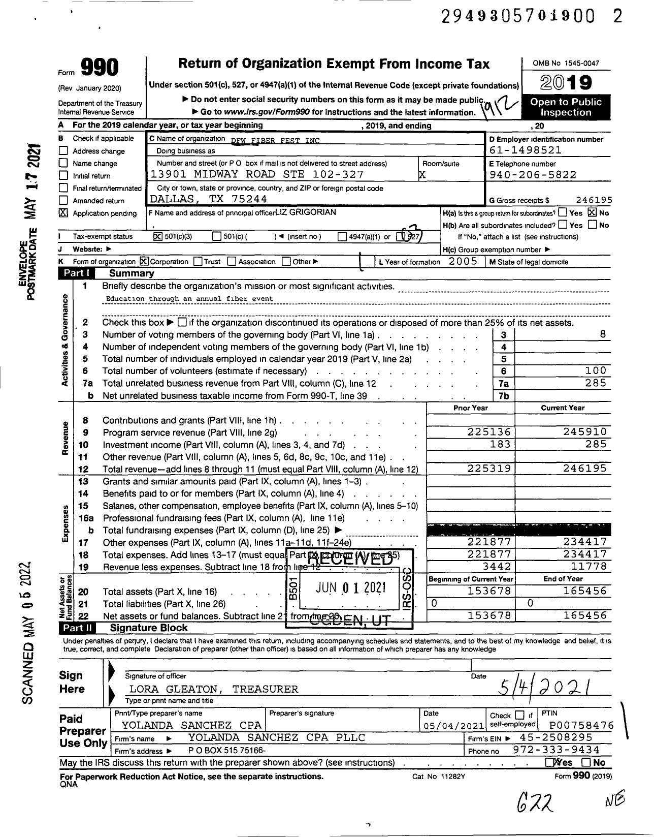 Image of first page of 2019 Form 990 for DFW Fiber Fest