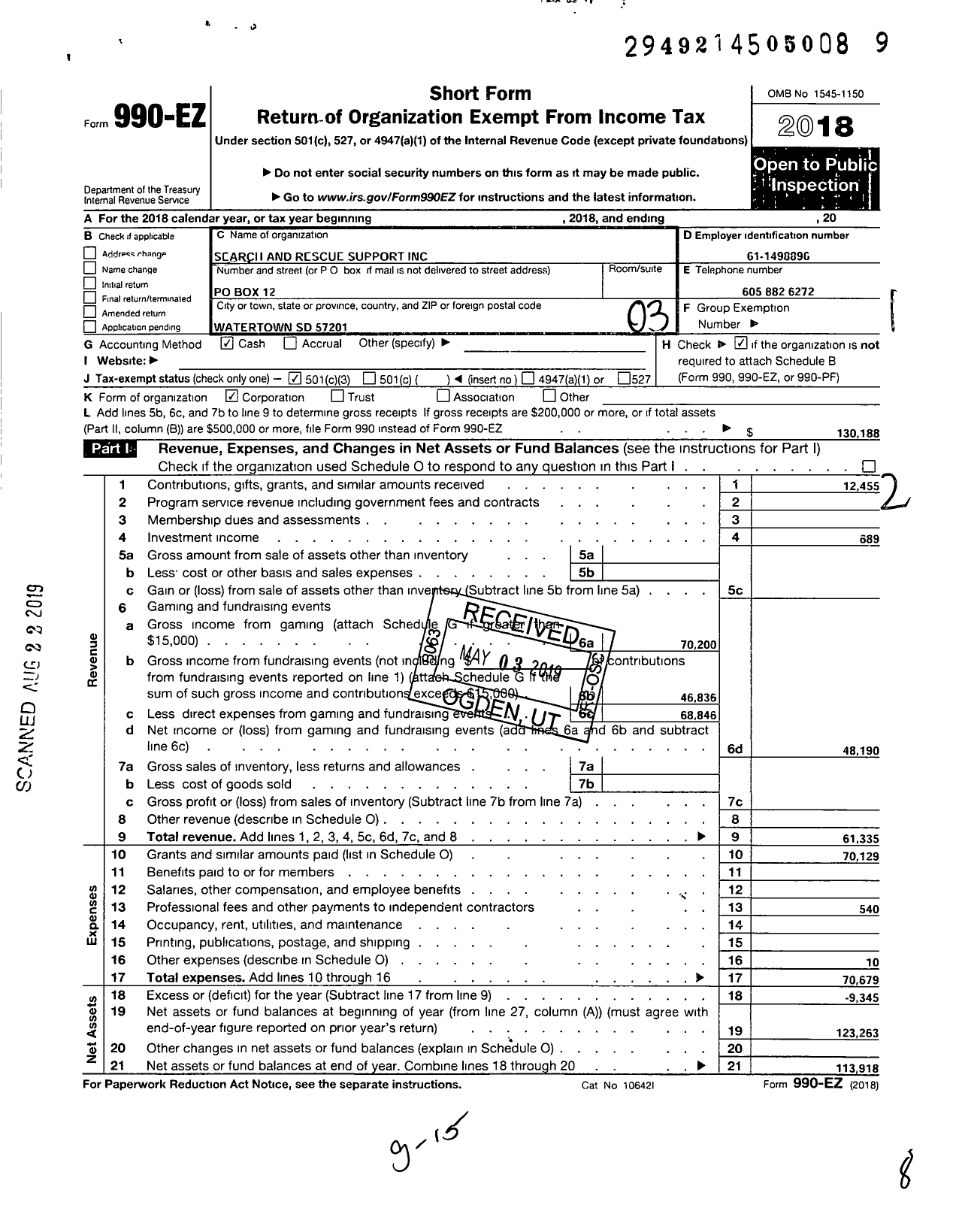 Image of first page of 2018 Form 990EZ for Search and Rescue Support