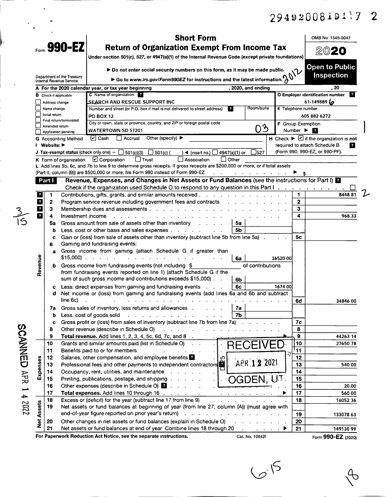 Image of first page of 2020 Form 990EZ for Search and Rescue Support