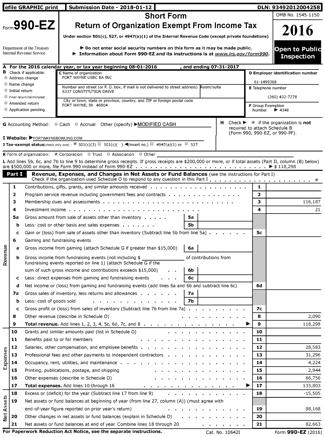 Image of first page of 2016 Form 990EZ for United States Bowling Congress - 86898 Fort Wayne Metro Usbc