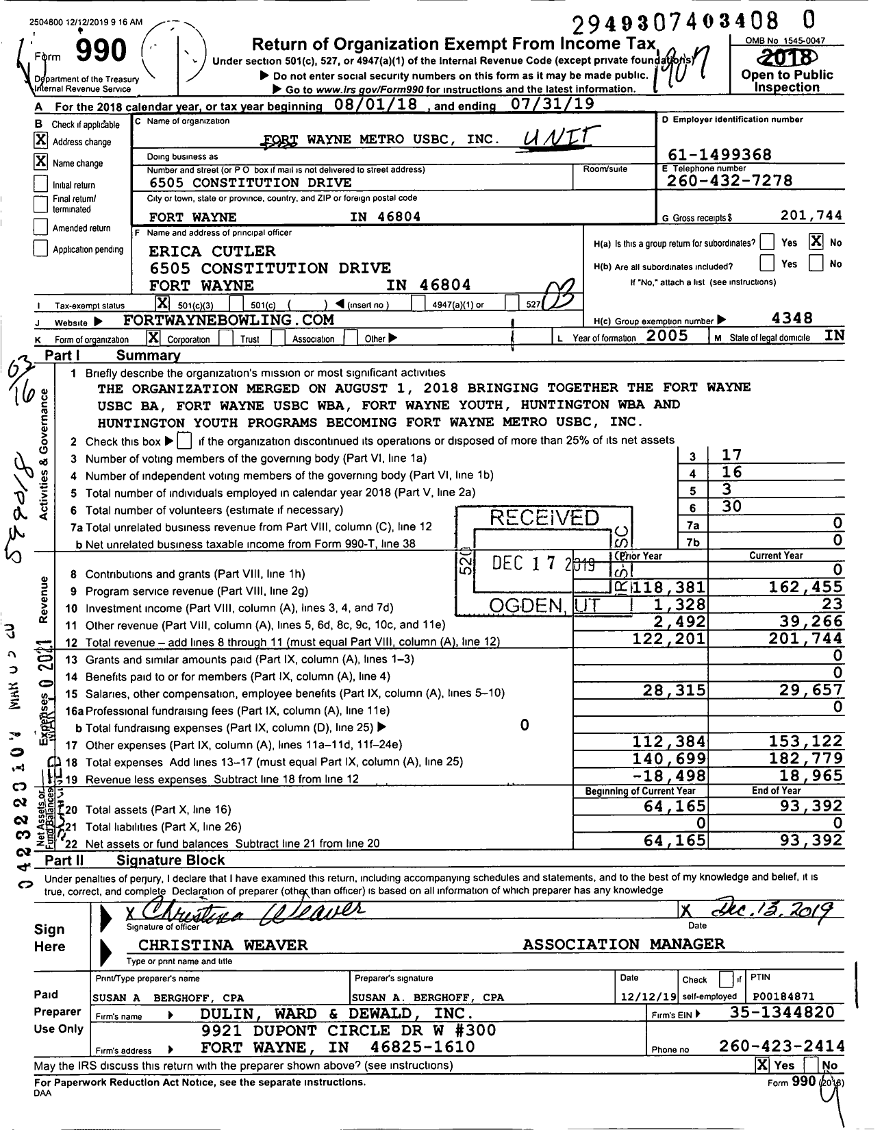 Image of first page of 2018 Form 990 for United States Bowling Congress - 86898 Fort Wayne Metro Usbc