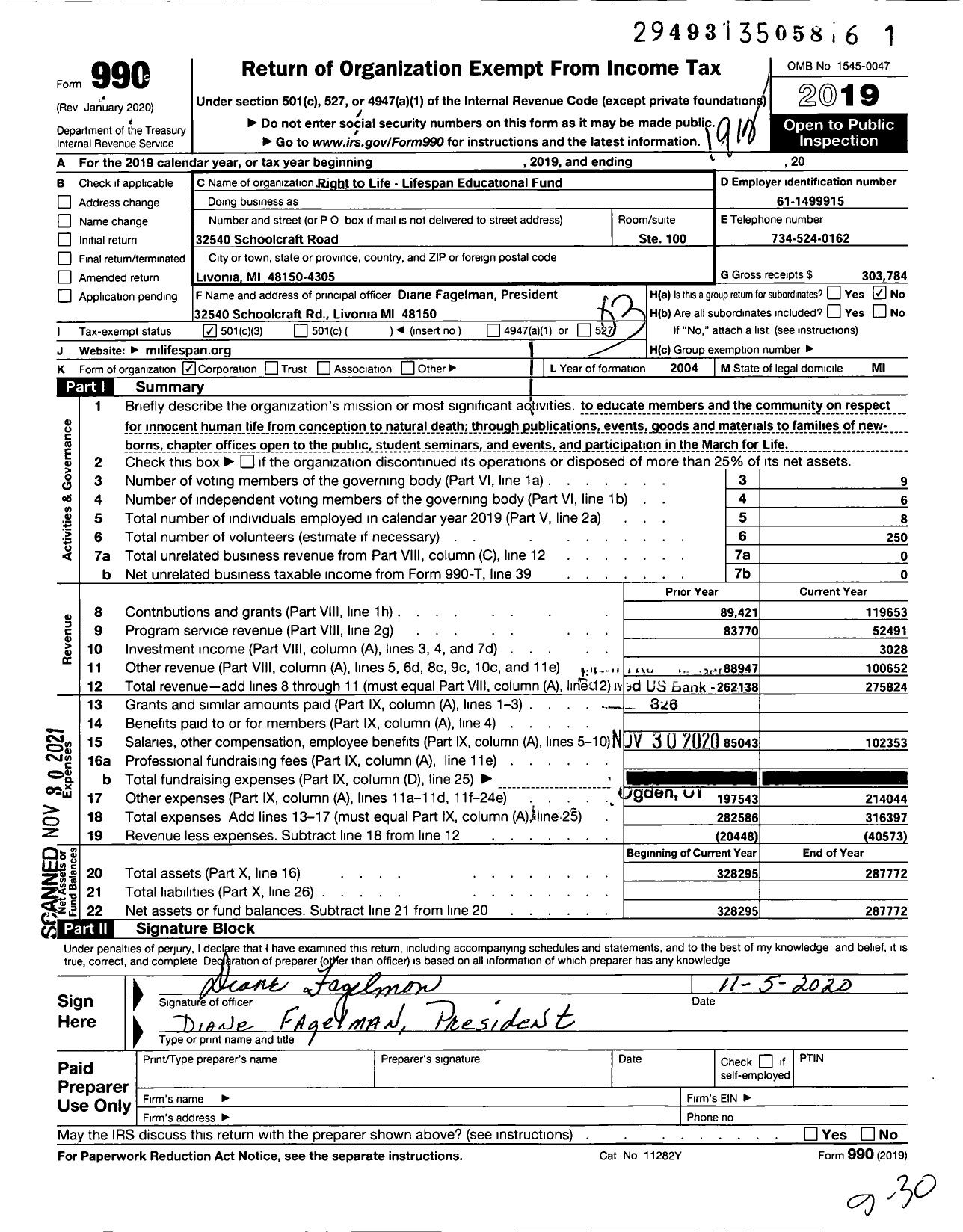 Image of first page of 2019 Form 990 for Right to Life - Lifespan Educational Fund