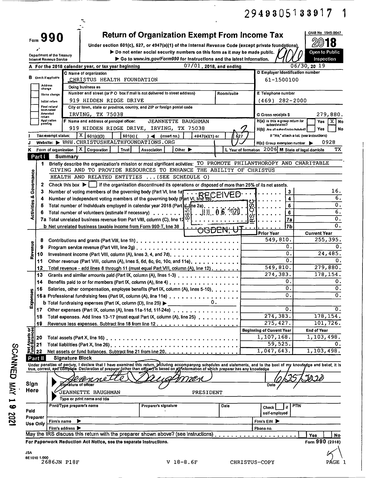 Image of first page of 2018 Form 990 for Christus Health Foundation