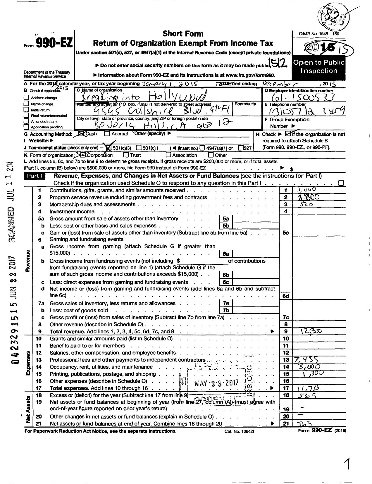 Image of first page of 2015 Form 990EZ for Breaking Into Hollywood