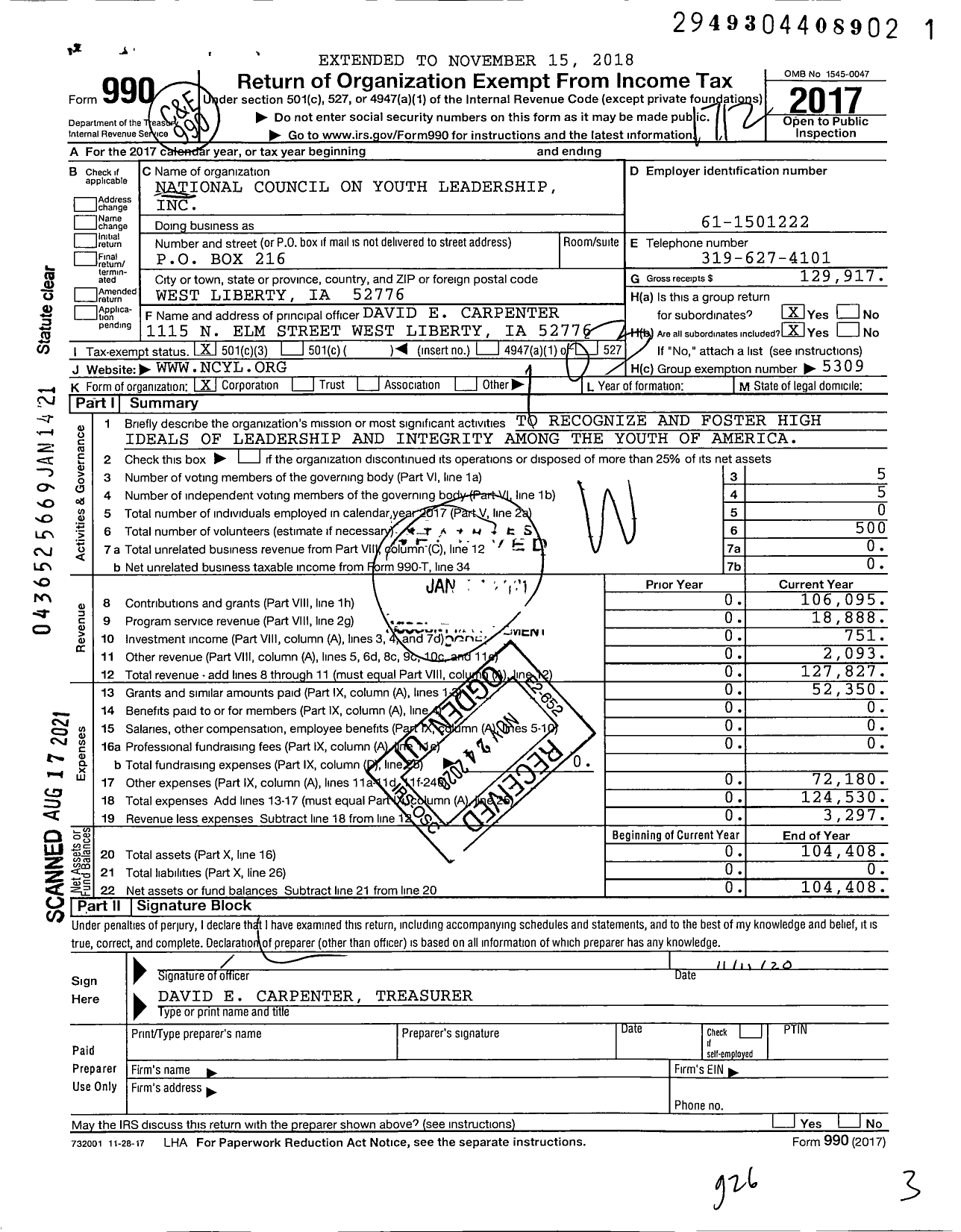 Image of first page of 2017 Form 990 for National Council of Youth Leadership