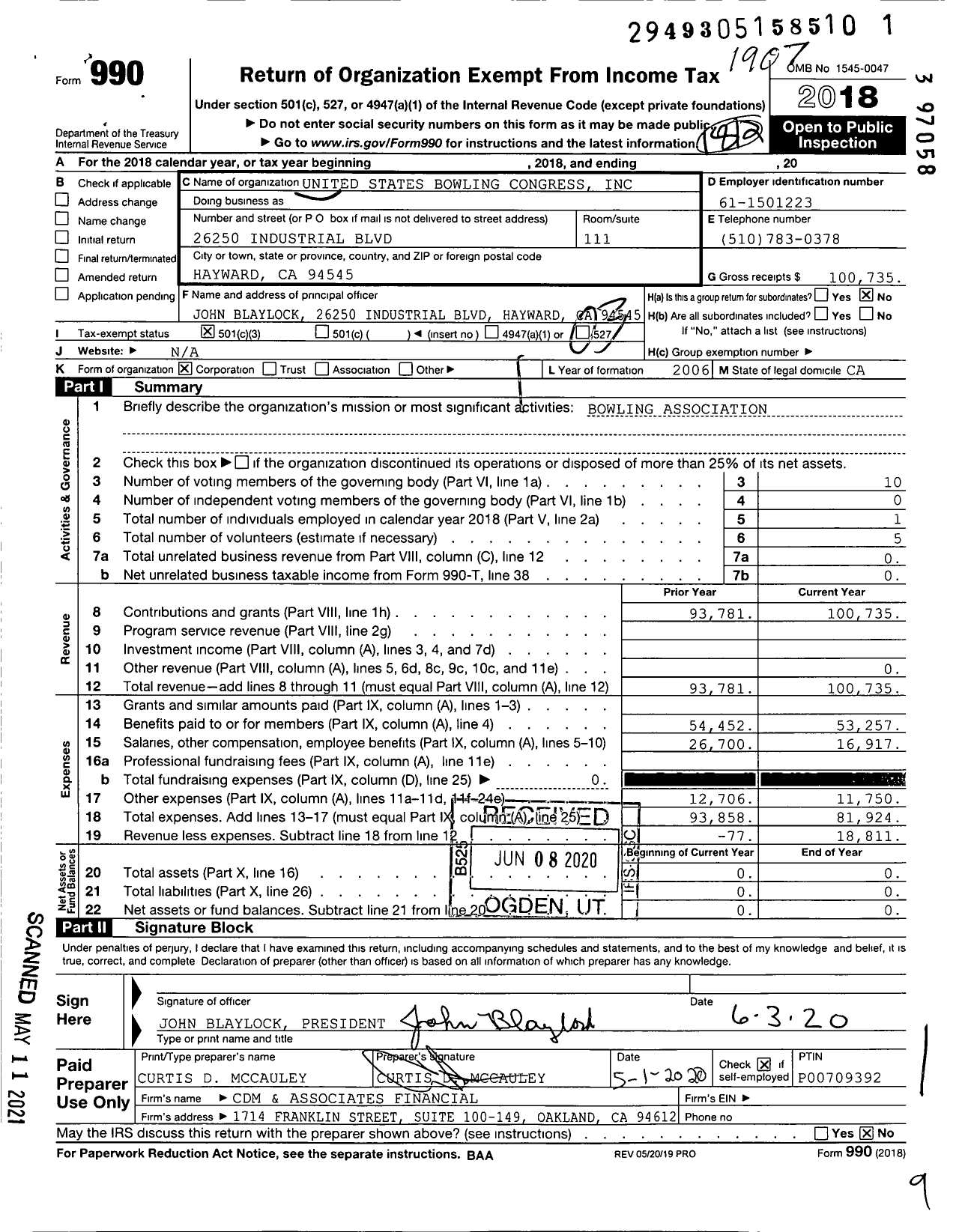 Image of first page of 2018 Form 990 for United States Bowling Congress - 82257 Alameda County Usbc