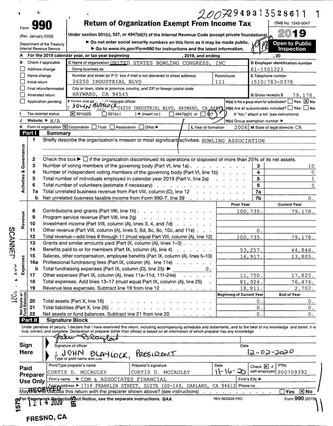 Image of first page of 2019 Form 990 for United States Bowling Congress - 82257 Alameda County Usbc