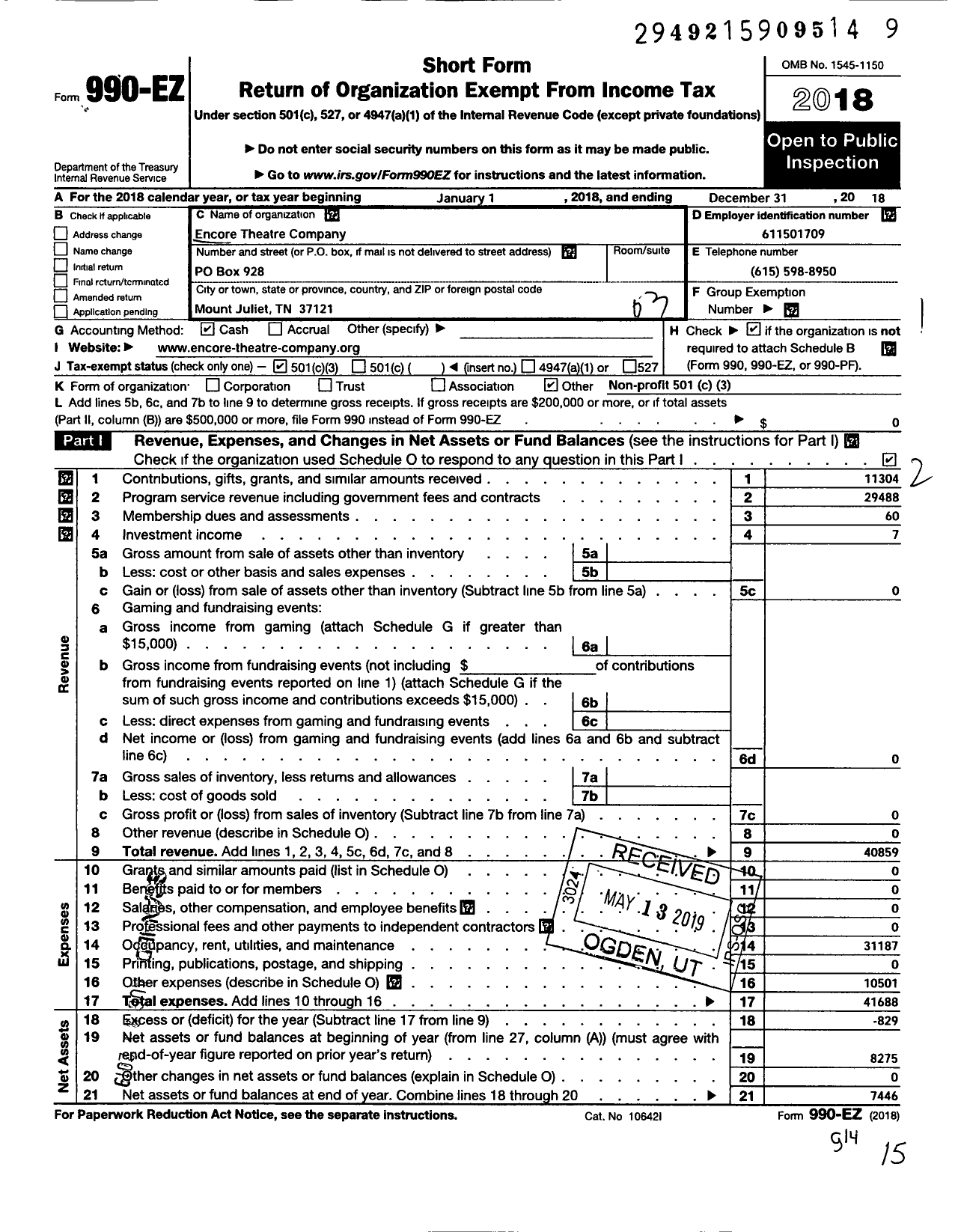 Image of first page of 2018 Form 990EZ for Encore Theatre Company