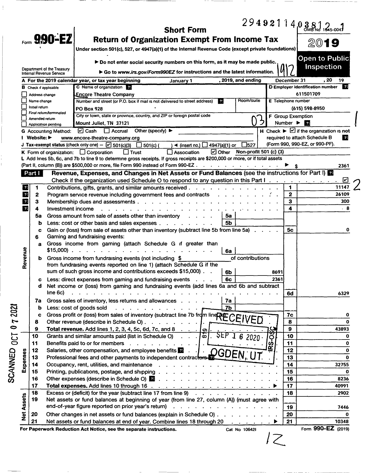 Image of first page of 2019 Form 990EZ for Encore Theatre Company