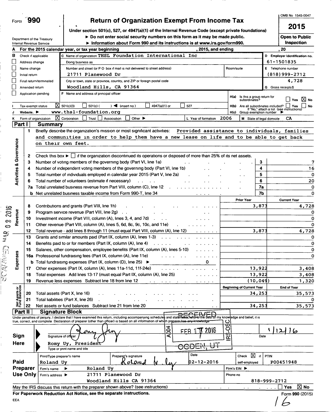 Image of first page of 2015 Form 990 for THSL Foundation International