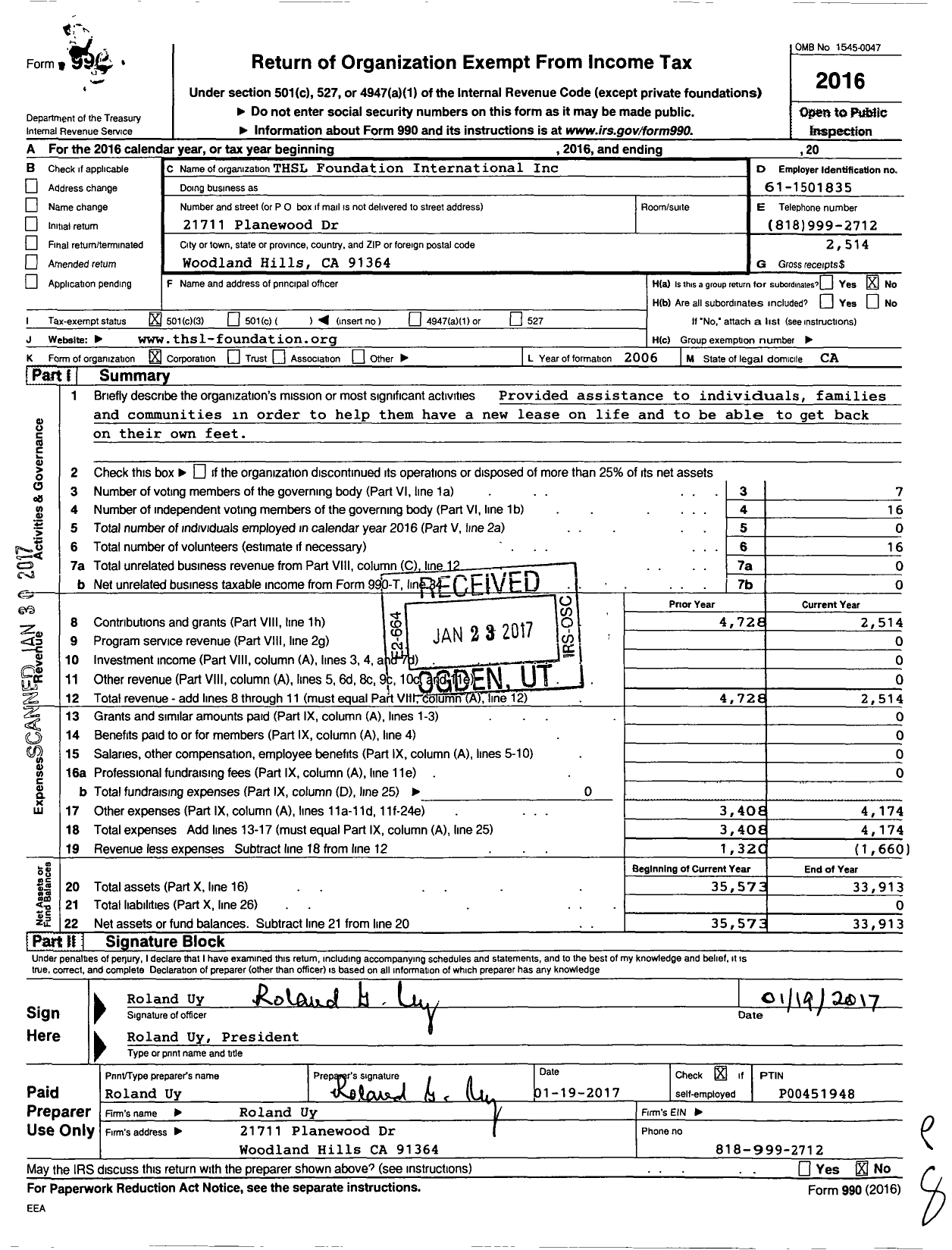 Image of first page of 2016 Form 990 for THSL Foundation International