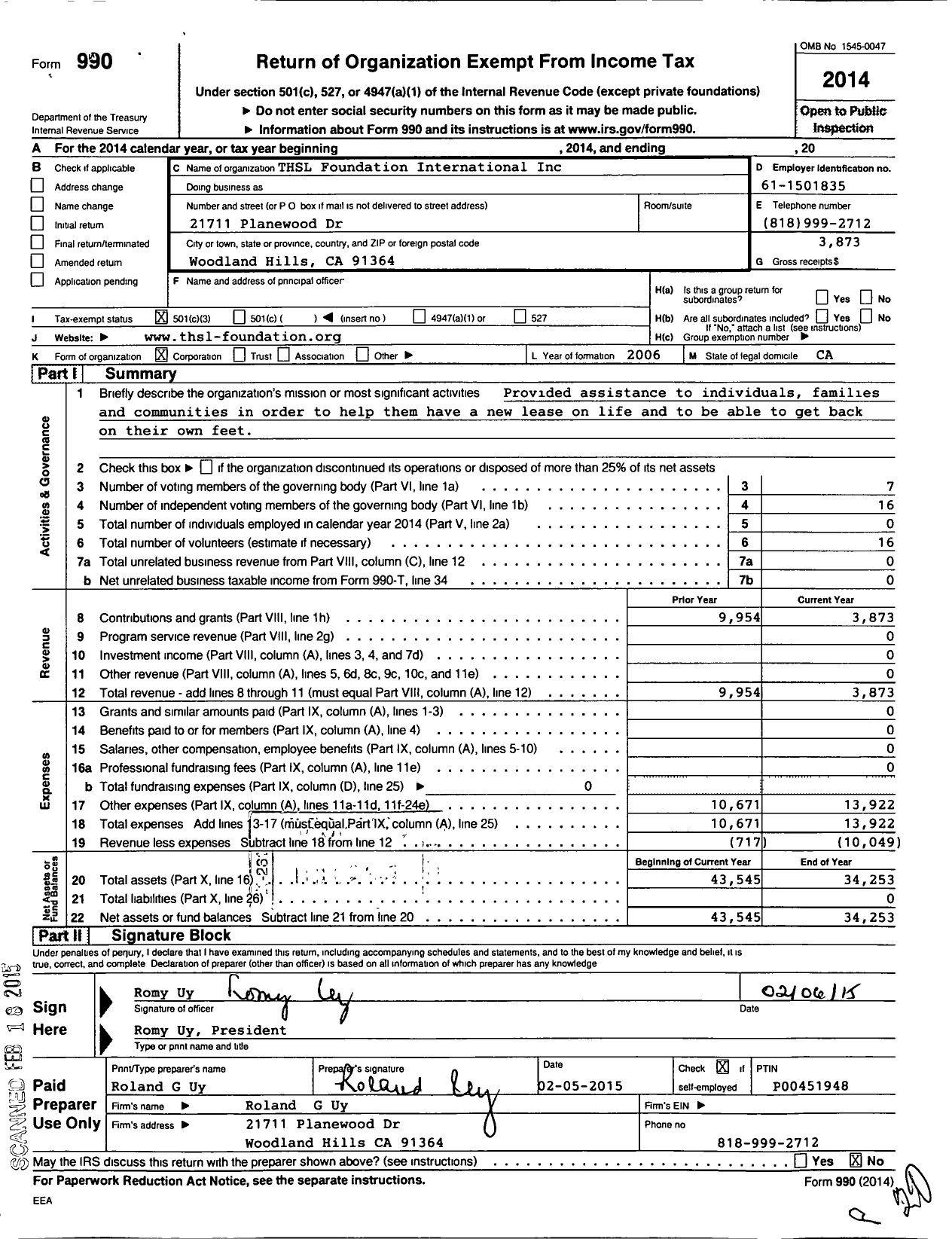 Image of first page of 2014 Form 990 for THSL Foundation International