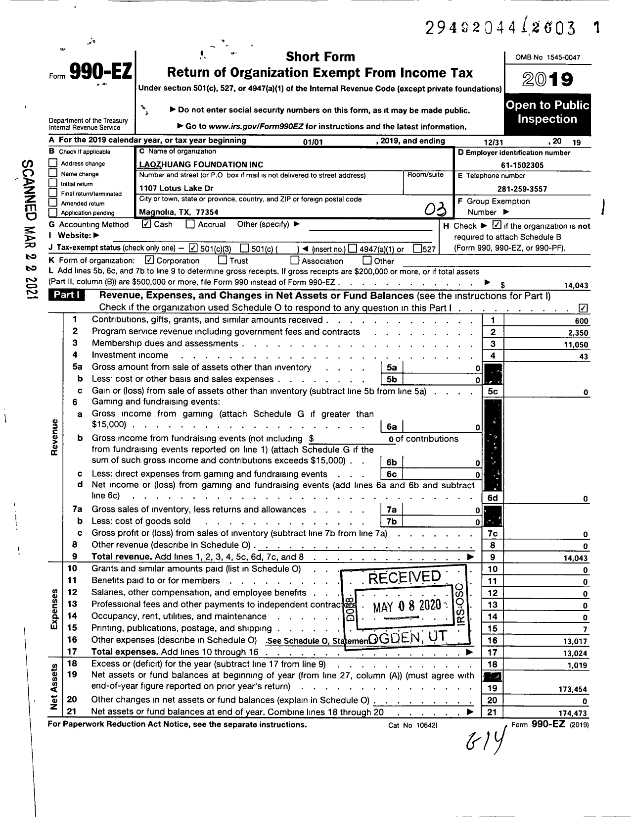 Image of first page of 2019 Form 990EZ for Laozhuang Foundation