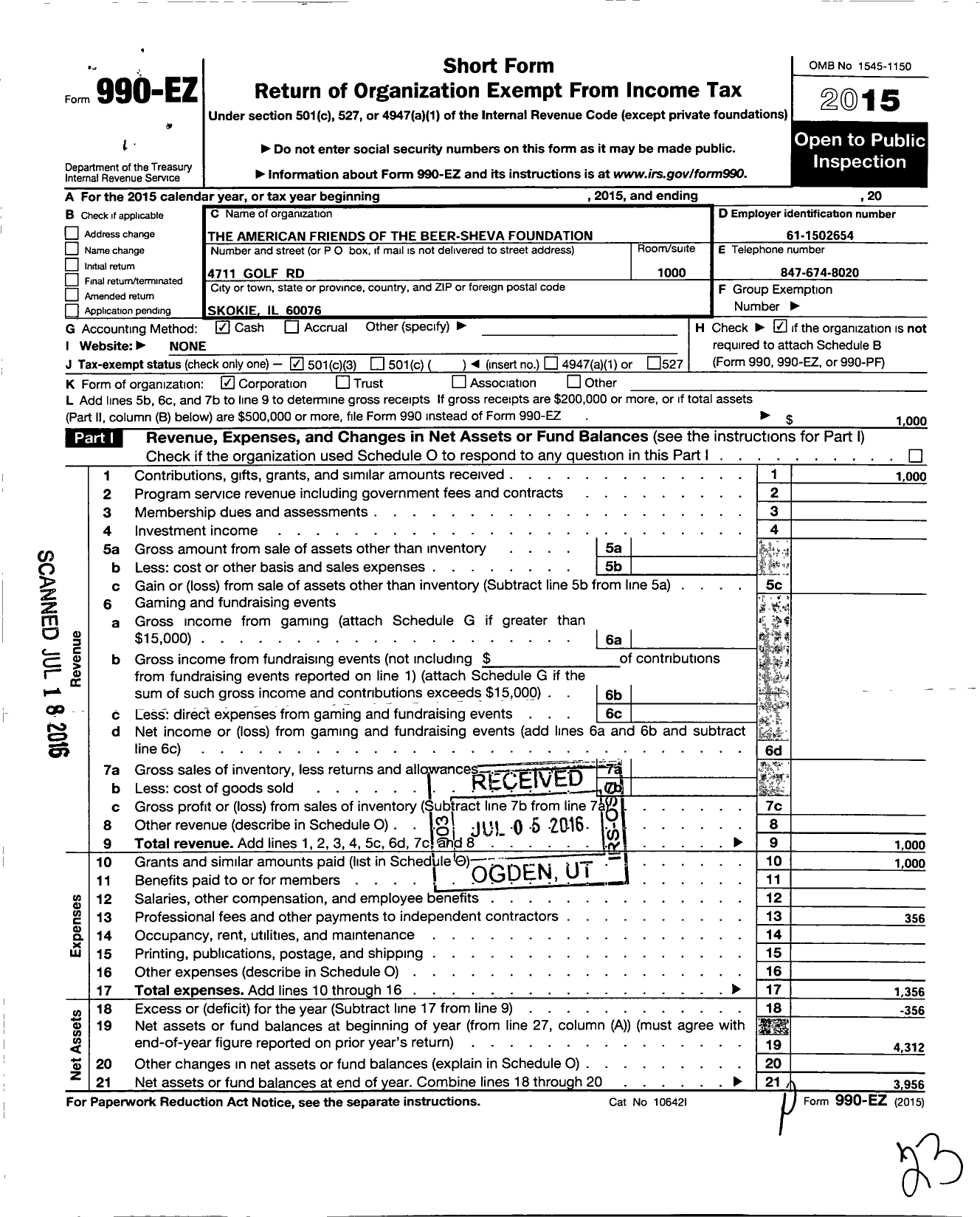 Image of first page of 2015 Form 990EZ for American Friends of Beer Sheva Foundation