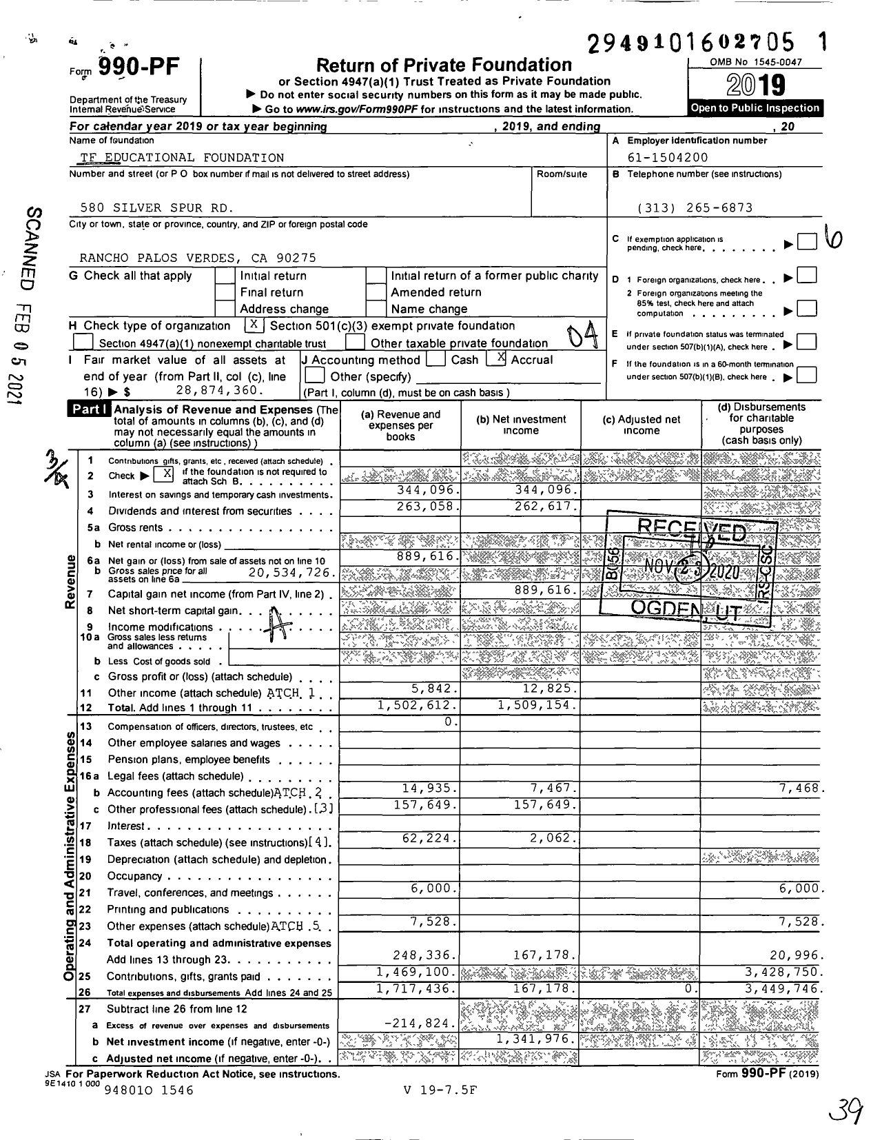 Image of first page of 2019 Form 990PF for TF Educational Foundation