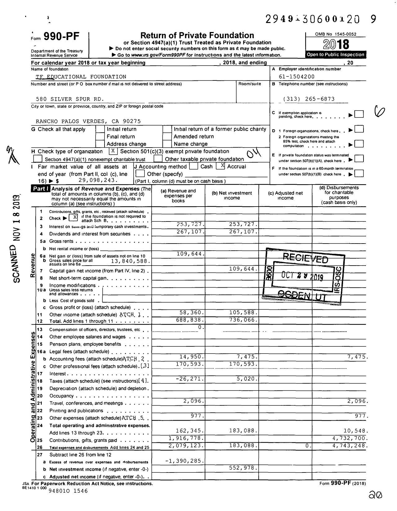 Image of first page of 2018 Form 990PF for TF Educational Foundation