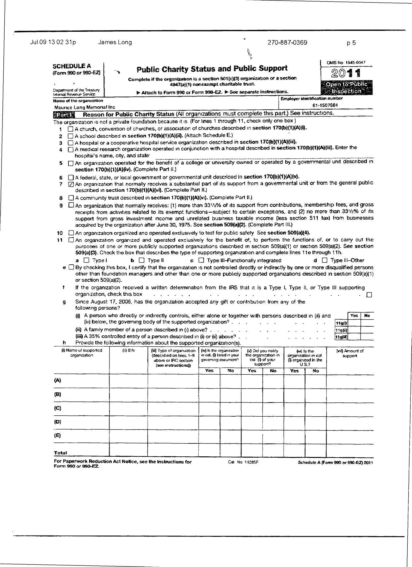 Image of first page of 2011 Form 990ER for Maurice Long Memorial