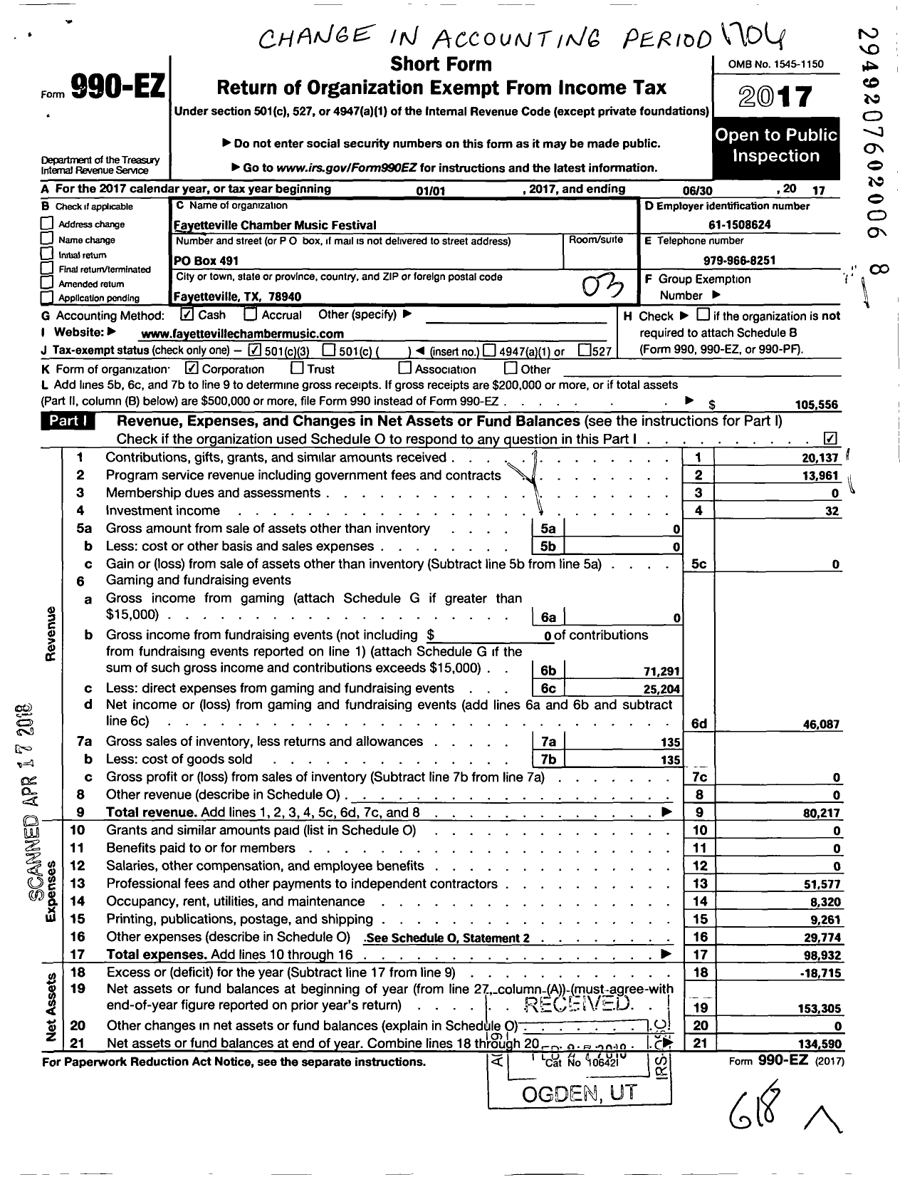 Image of first page of 2016 Form 990EZ for Fayetteville Chamber Music Festival