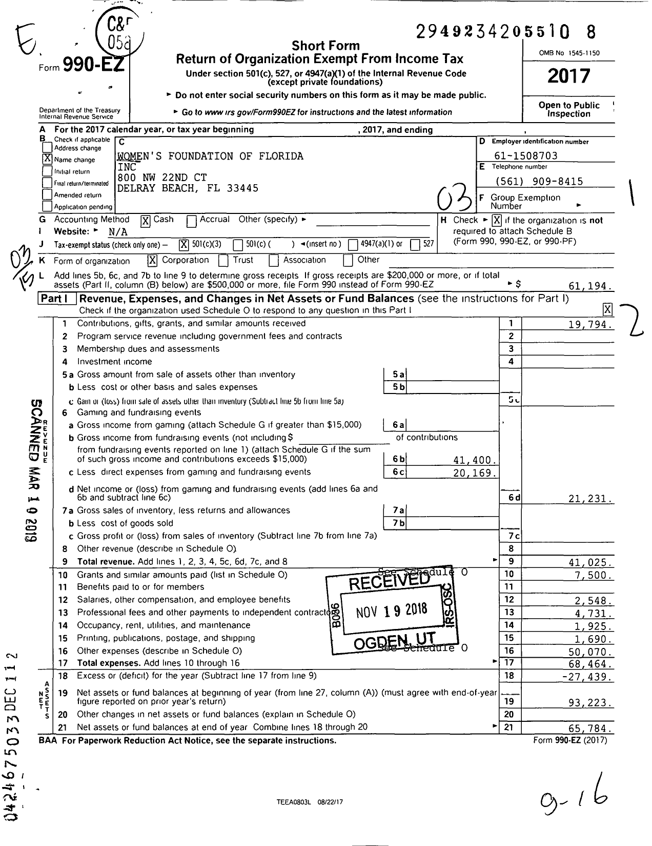 Image of first page of 2017 Form 990EZ for Womens Foundation of Florida