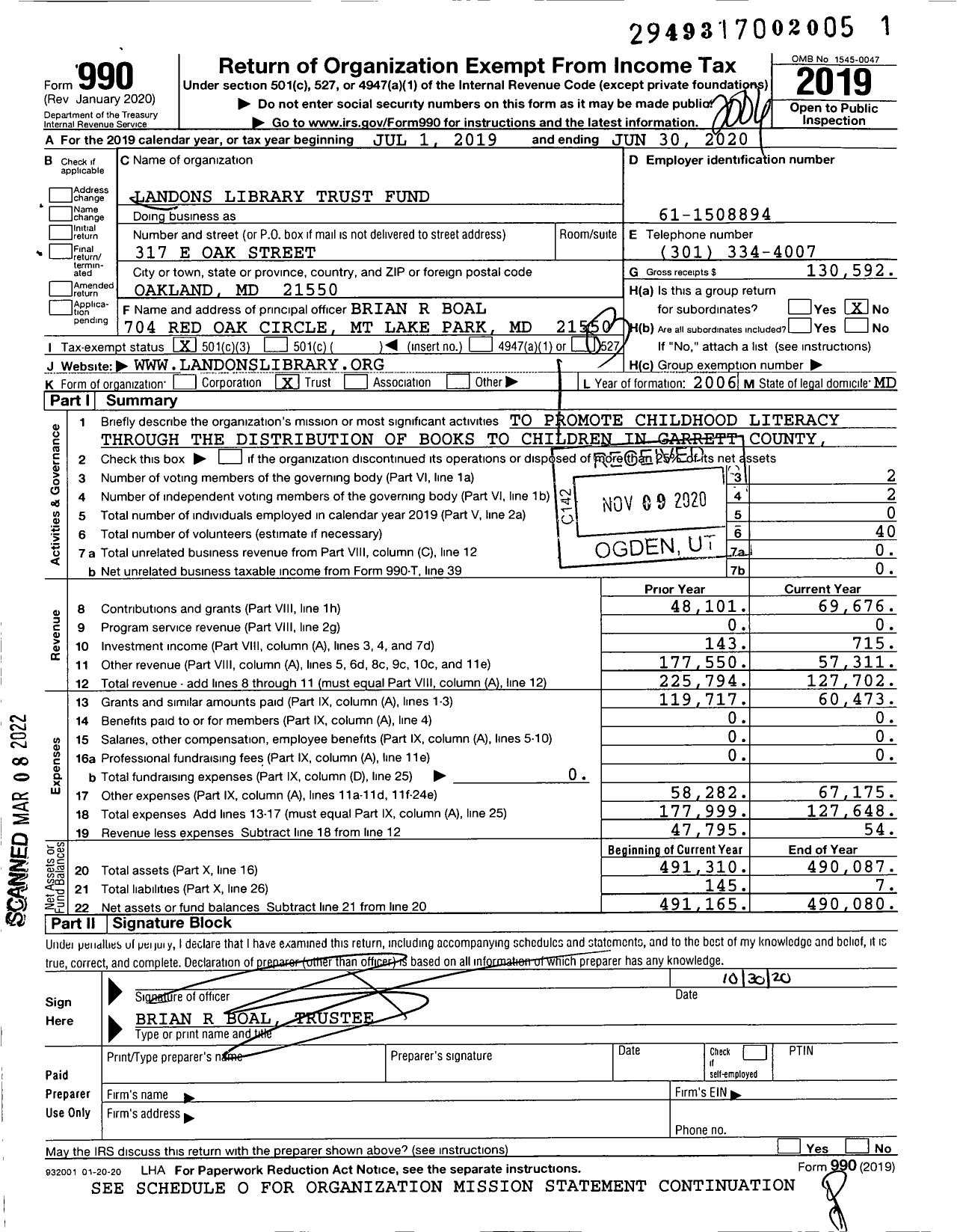 Image of first page of 2019 Form 990 for Landons Library Trust Fund