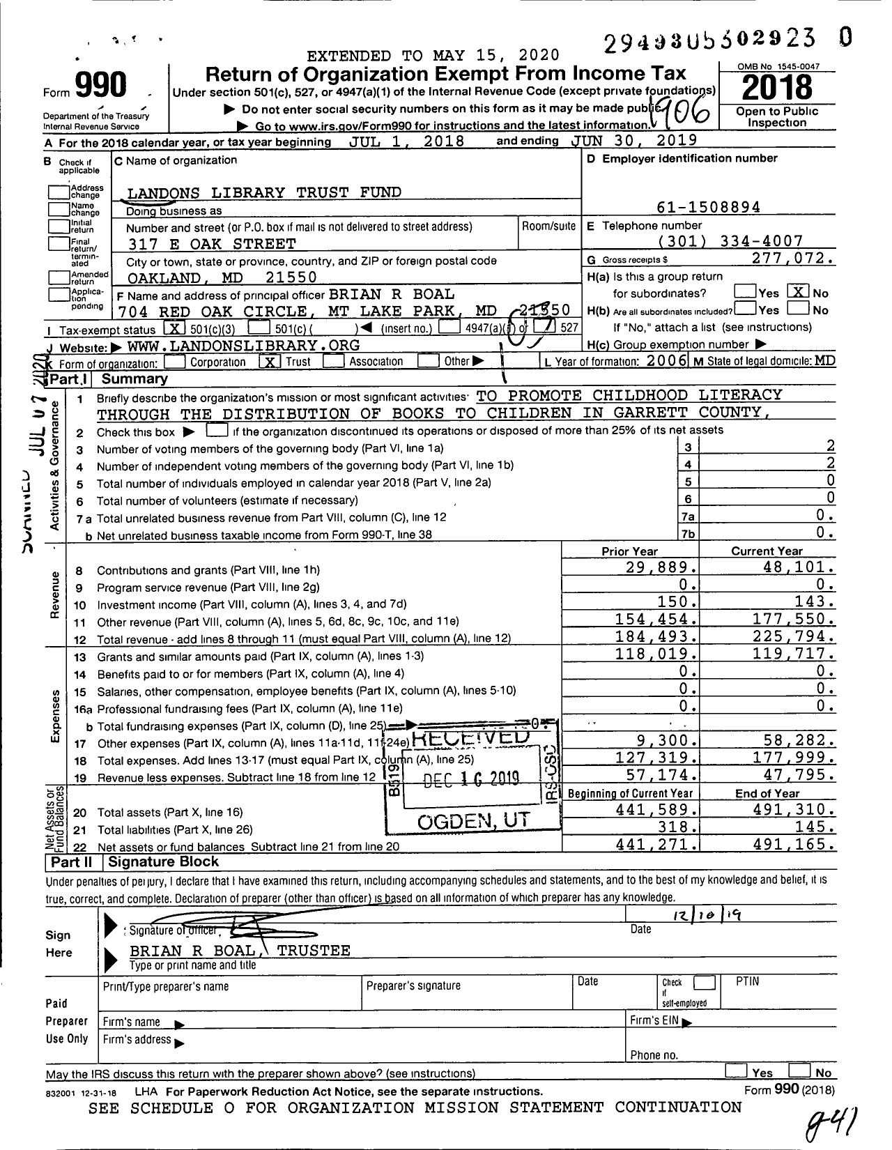 Image of first page of 2018 Form 990 for Landons Library Trust Fund