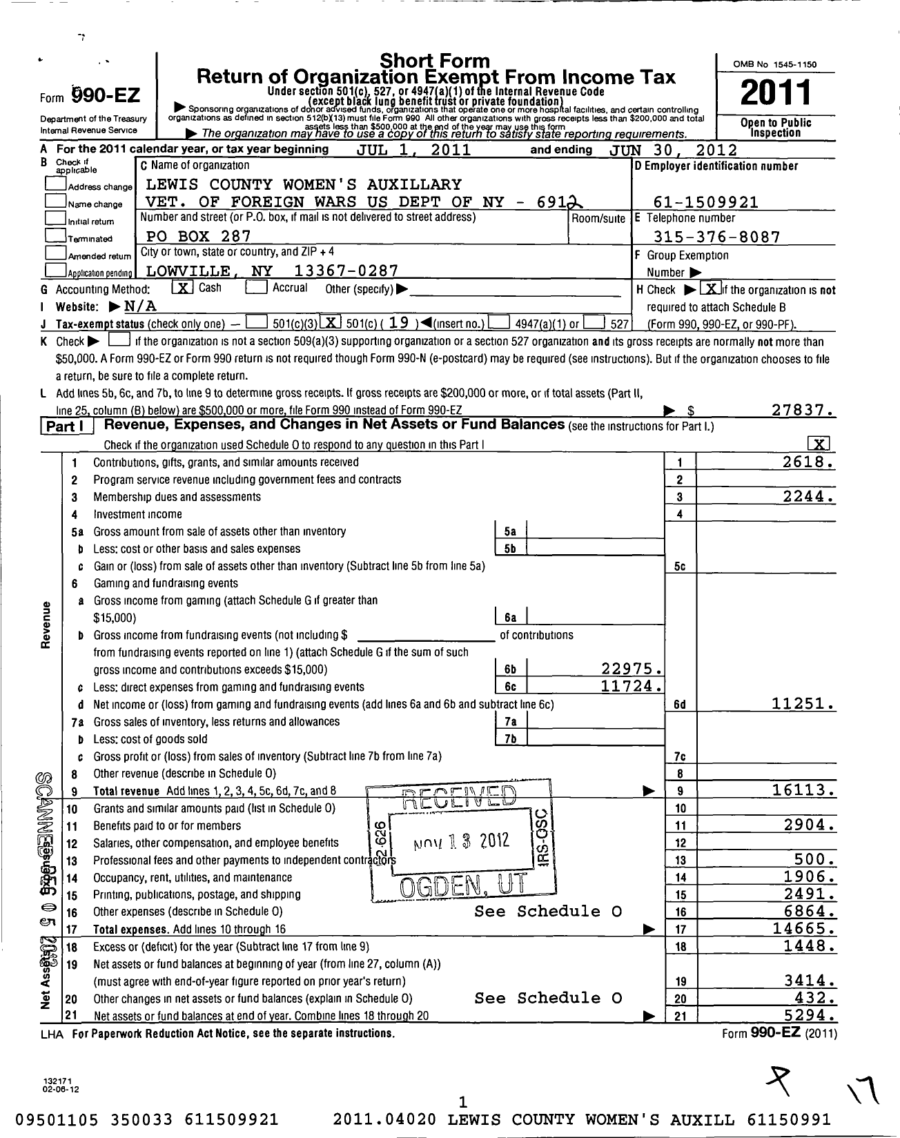 Image of first page of 2011 Form 990EO for Department of New York VFW Auxiliary - Lewis County Memorial Post 6912