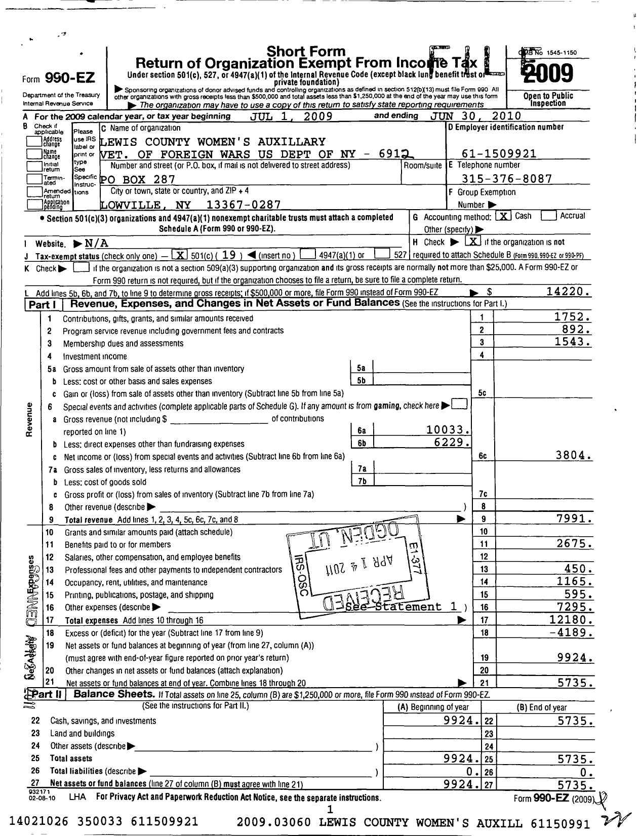 Image of first page of 2009 Form 990EO for Department of New York VFW Auxiliary - Lewis County Memorial Post 6912