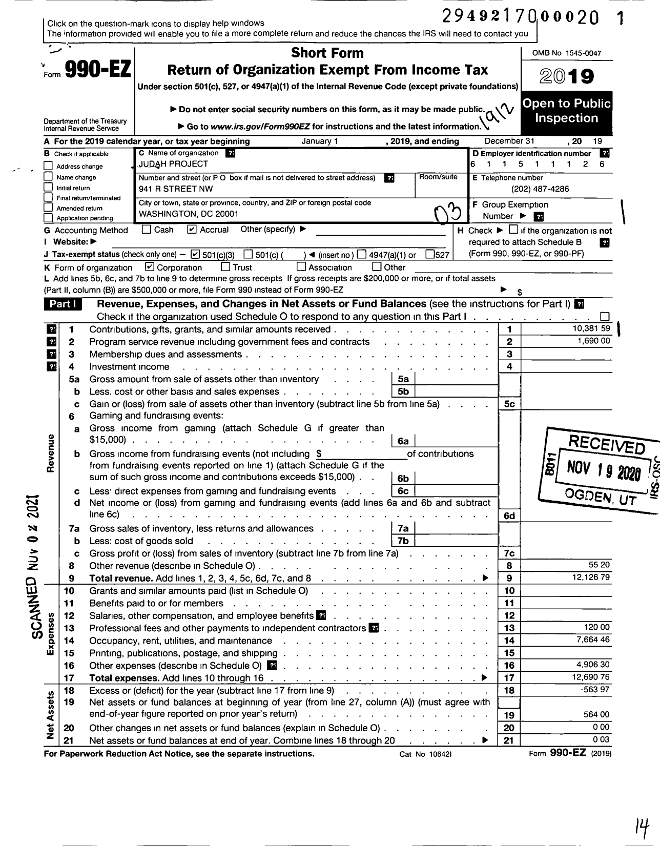 Image of first page of 2019 Form 990EZ for Judah Project