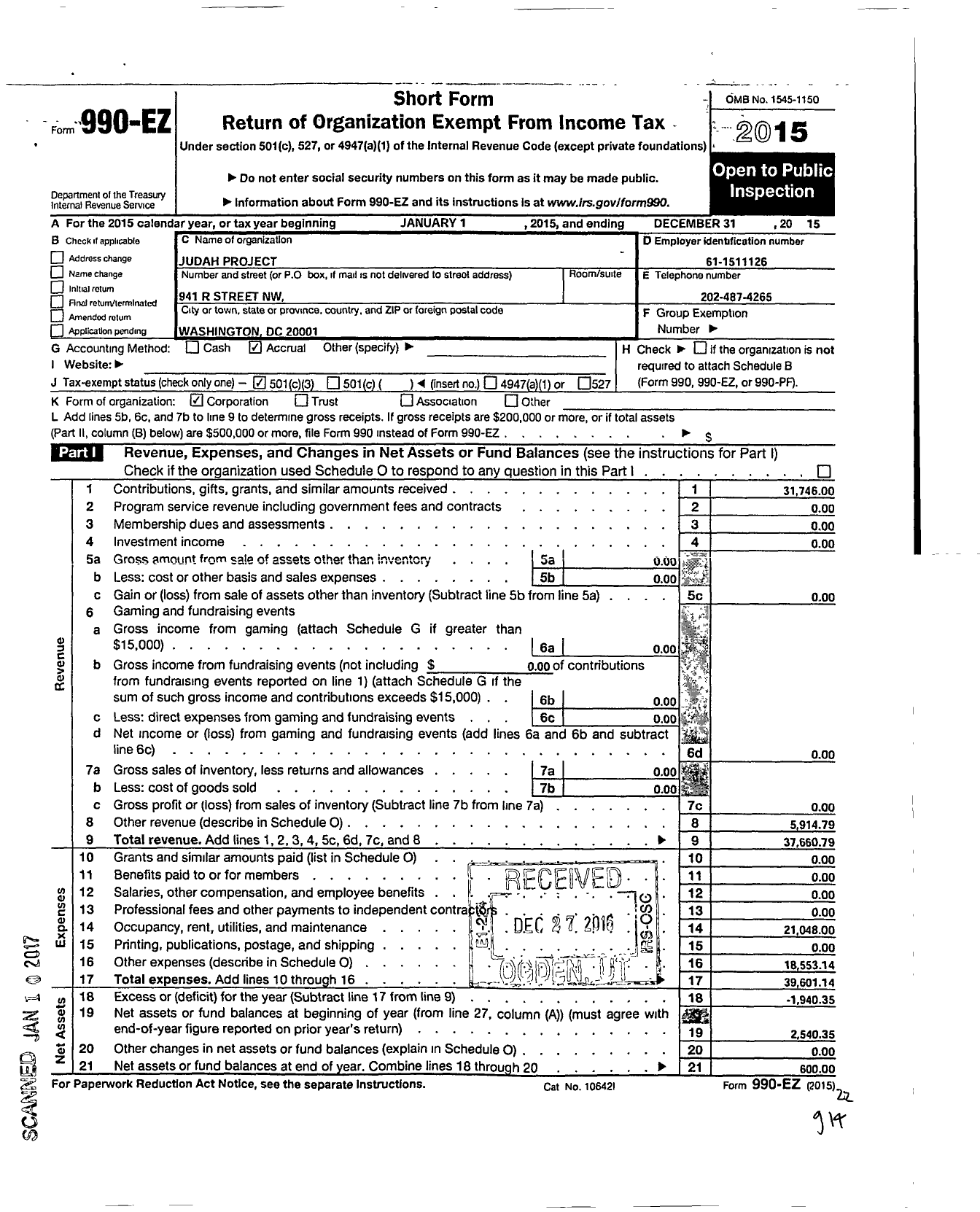 Image of first page of 2015 Form 990EZ for Judah Project