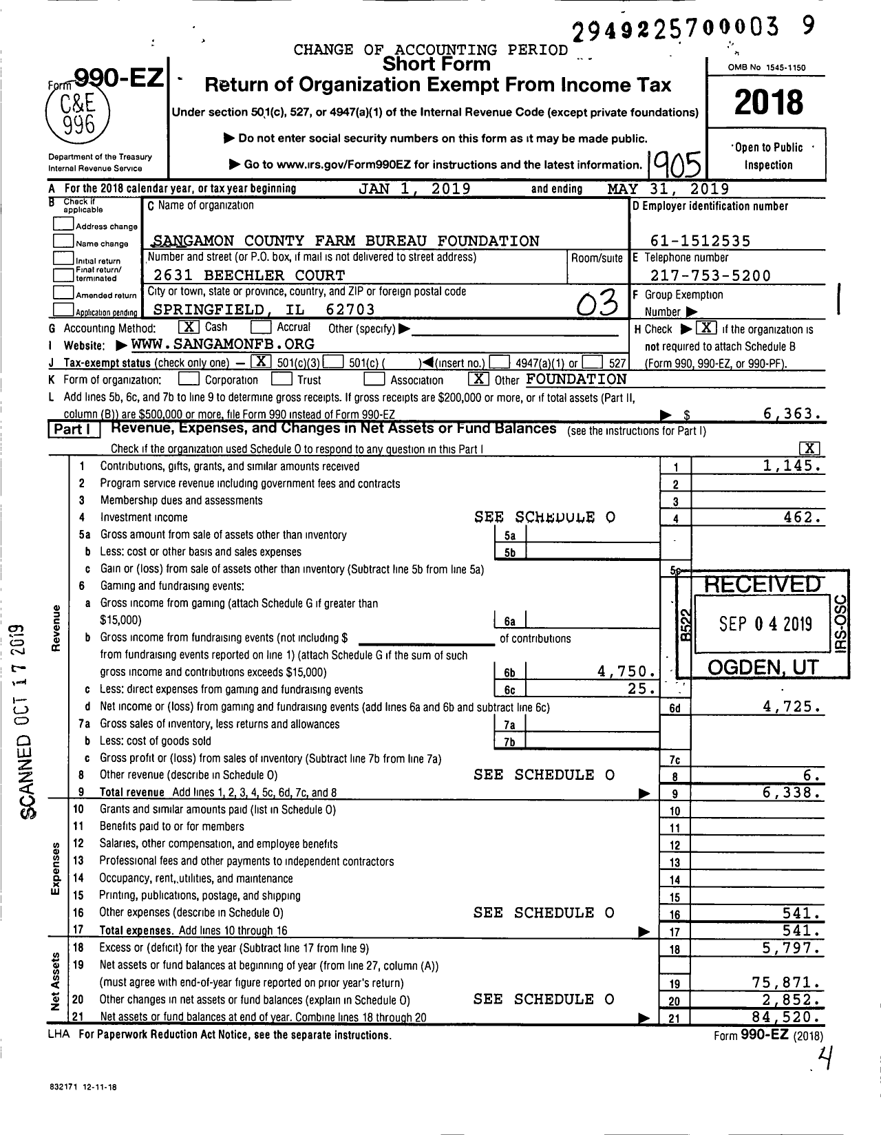 Image of first page of 2018 Form 990EZ for Sangamon County Farm Bureau Foundation