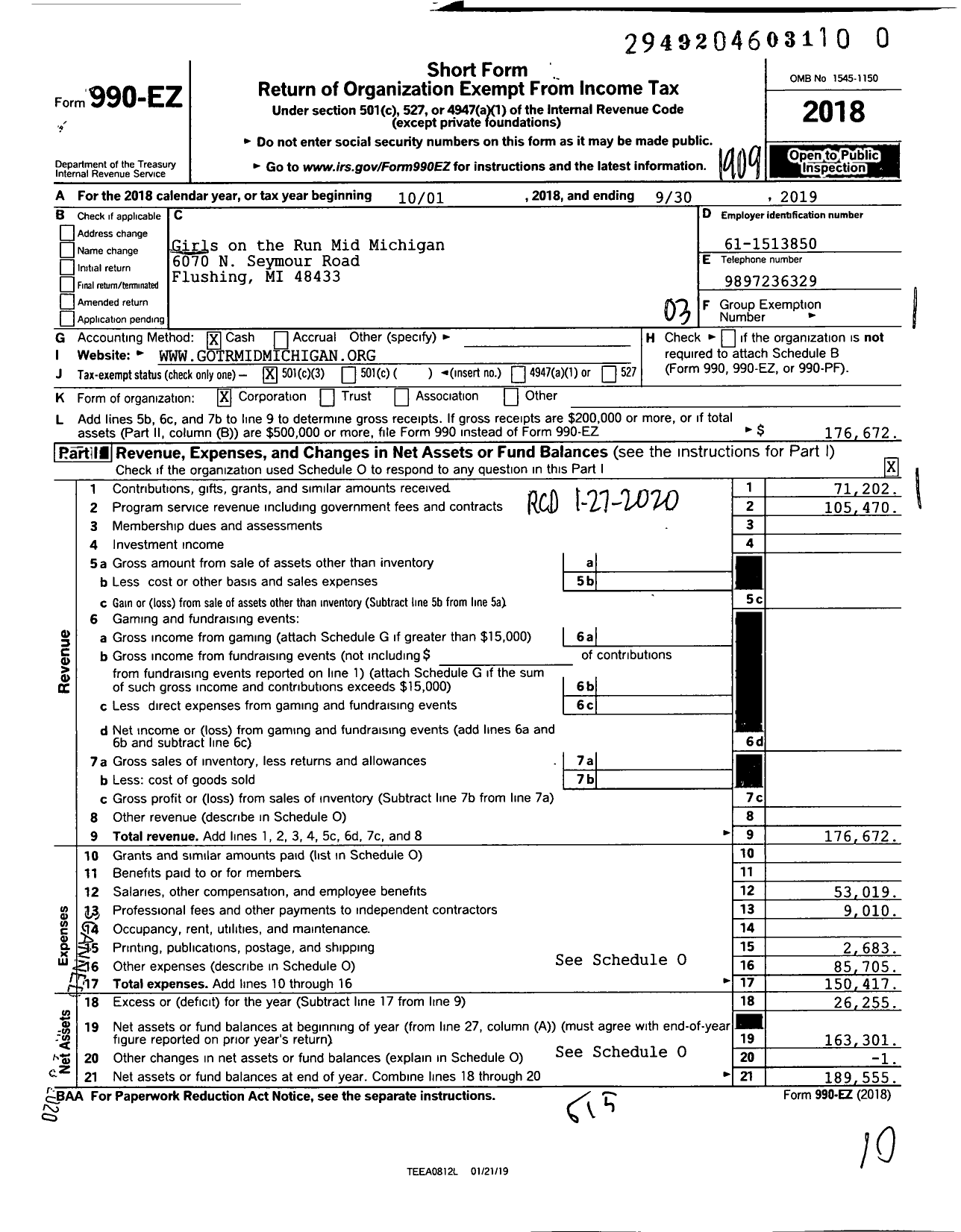 Image of first page of 2018 Form 990EZ for Girls on the Run Mid Michigan