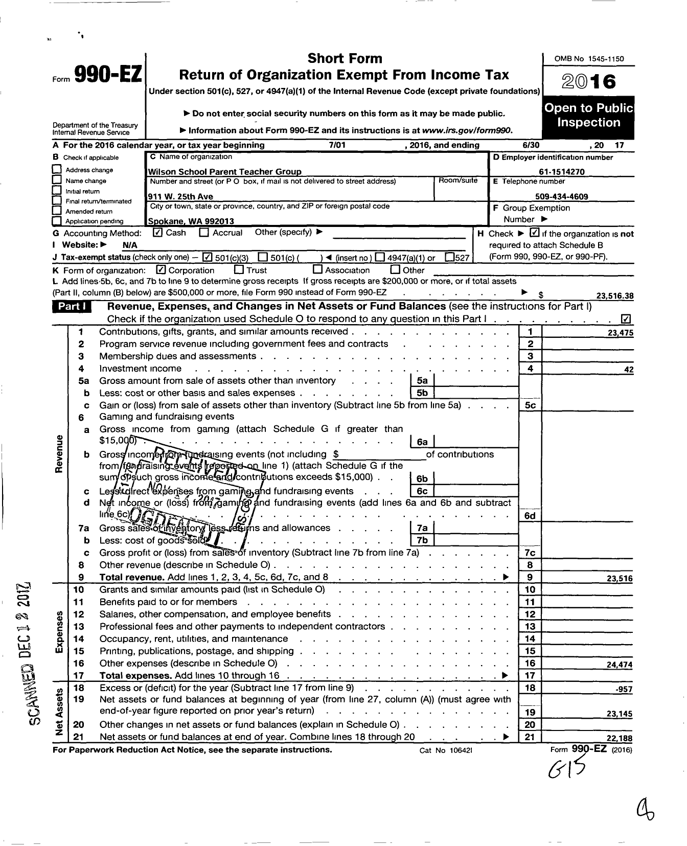 Image of first page of 2016 Form 990EZ for Wilson School Parent Teacher Group