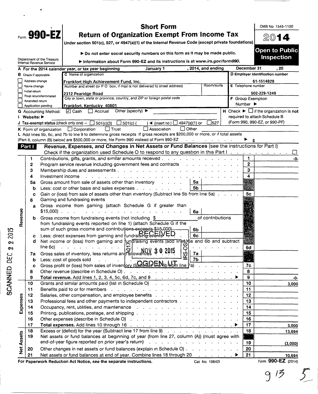 Image of first page of 2014 Form 990EO for Frankfort High Achievement Fund