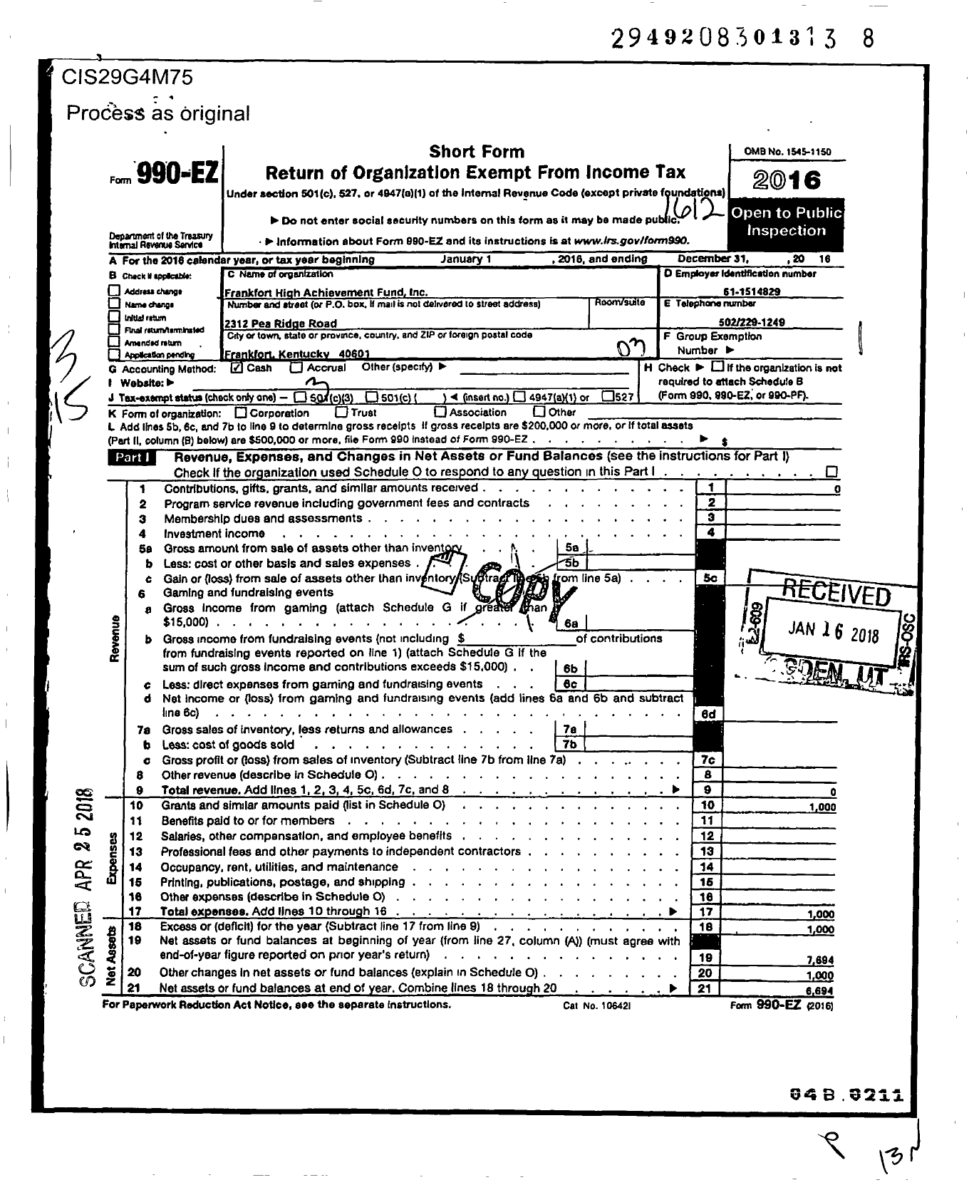 Image of first page of 2016 Form 990EZ for Frankfort High Achievement Fund